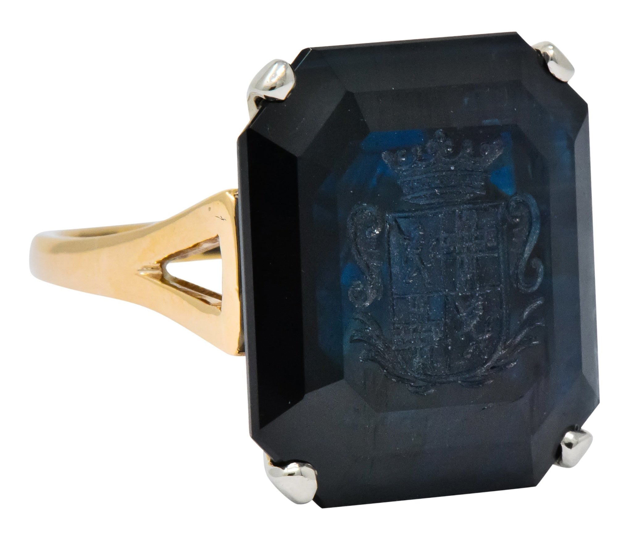 Edwardian 23.88 CTW No Heat Intaglio Sapphire Two-Tone 14 Karat Gold Ring GIA - Wilson's Estate Jewelry