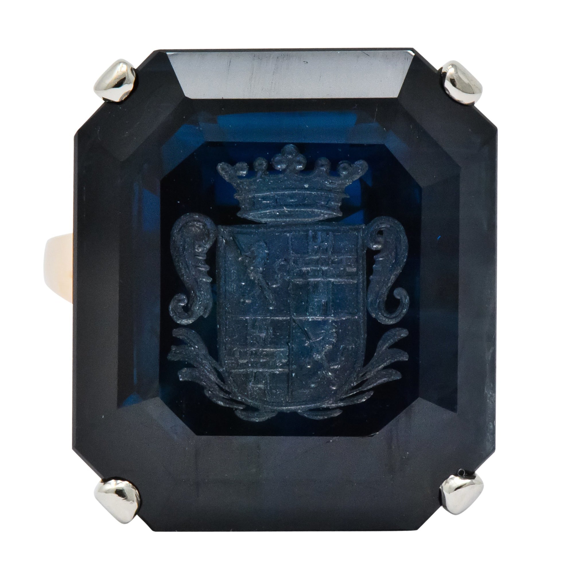 Edwardian 23.88 CTW No Heat Intaglio Sapphire Two-Tone 14 Karat Gold Ring GIA - Wilson's Estate Jewelry