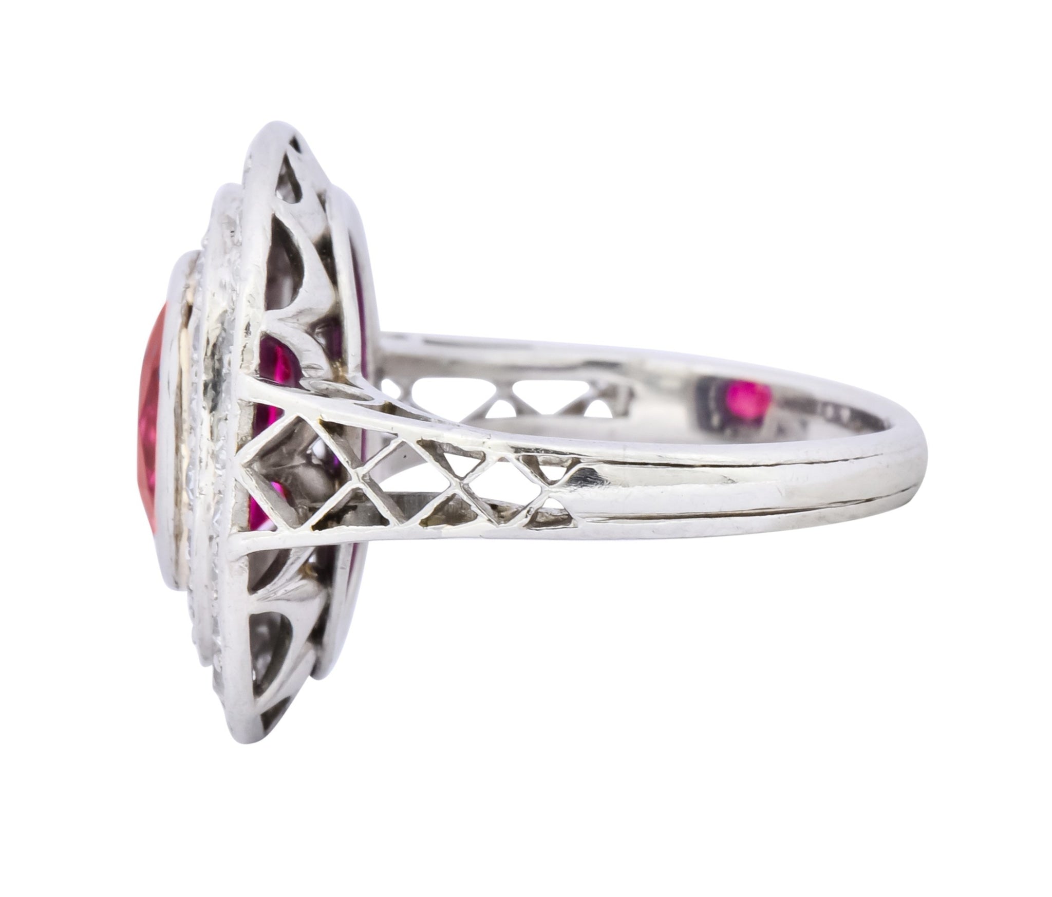 Edwardian 3.37 CTW No Heat Burma Ruby Diamond Halo Platinum Cluster Ring AGL - Wilson's Estate Jewelry