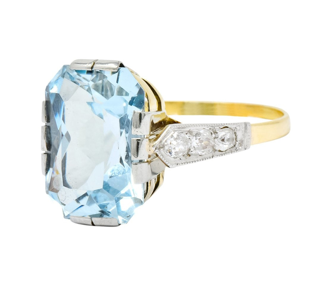 Edwardian 6.25 CTW Aquamarine Diamond Platinum-Topped 18 Karat Gold Ring Circa 1915 - Wilson's Estate Jewelry