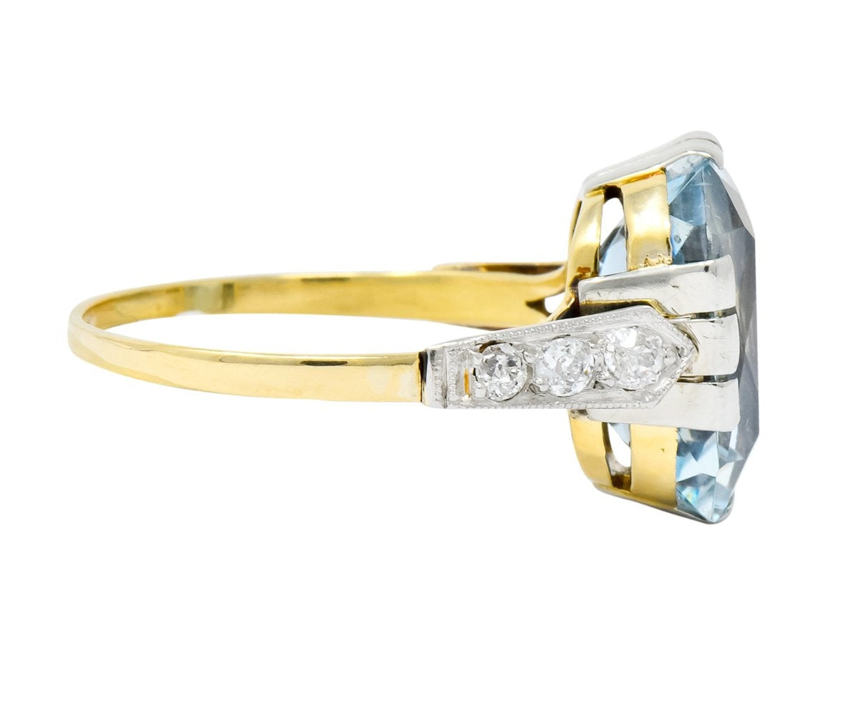 Edwardian 6.25 CTW Aquamarine Diamond Platinum-Topped 18 Karat Gold Ring Circa 1915 - Wilson's Estate Jewelry