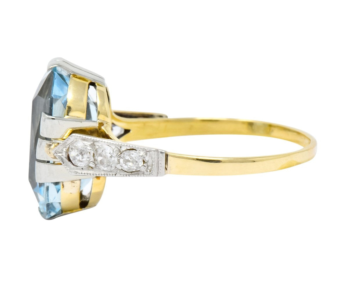 Edwardian 6.25 CTW Aquamarine Diamond Platinum-Topped 18 Karat Gold Ring Circa 1915 - Wilson's Estate Jewelry