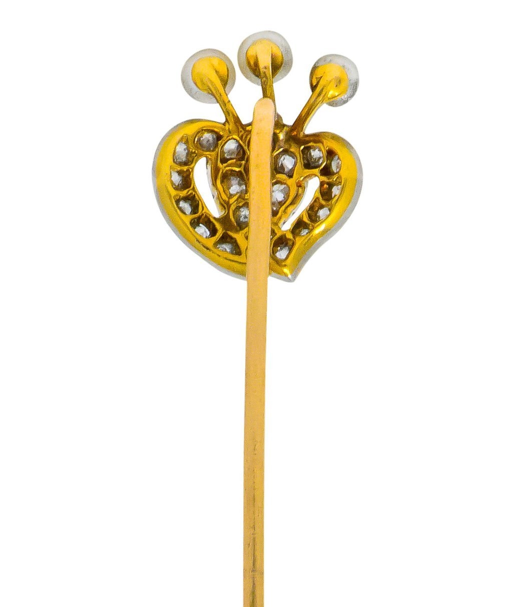 Edwardian Diamond Pearl Platinum-Topped 14 Karat Gold Double Heart Stickpin - Wilson's Estate Jewelry
