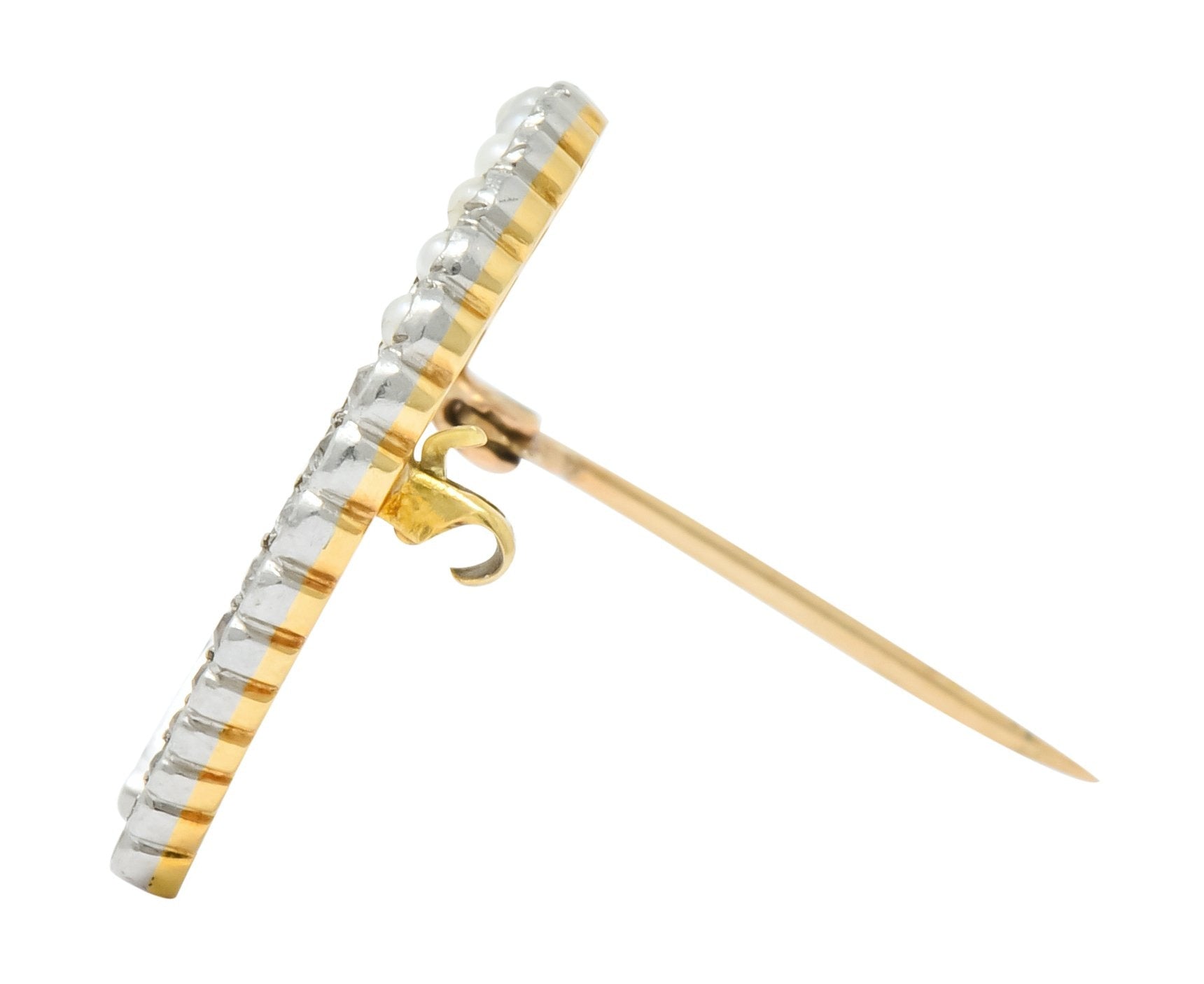 Edwardian Diamond Pearl Platinum-Topped 14 Karat Gold Horseshoe Brooch - Wilson's Estate Jewelry