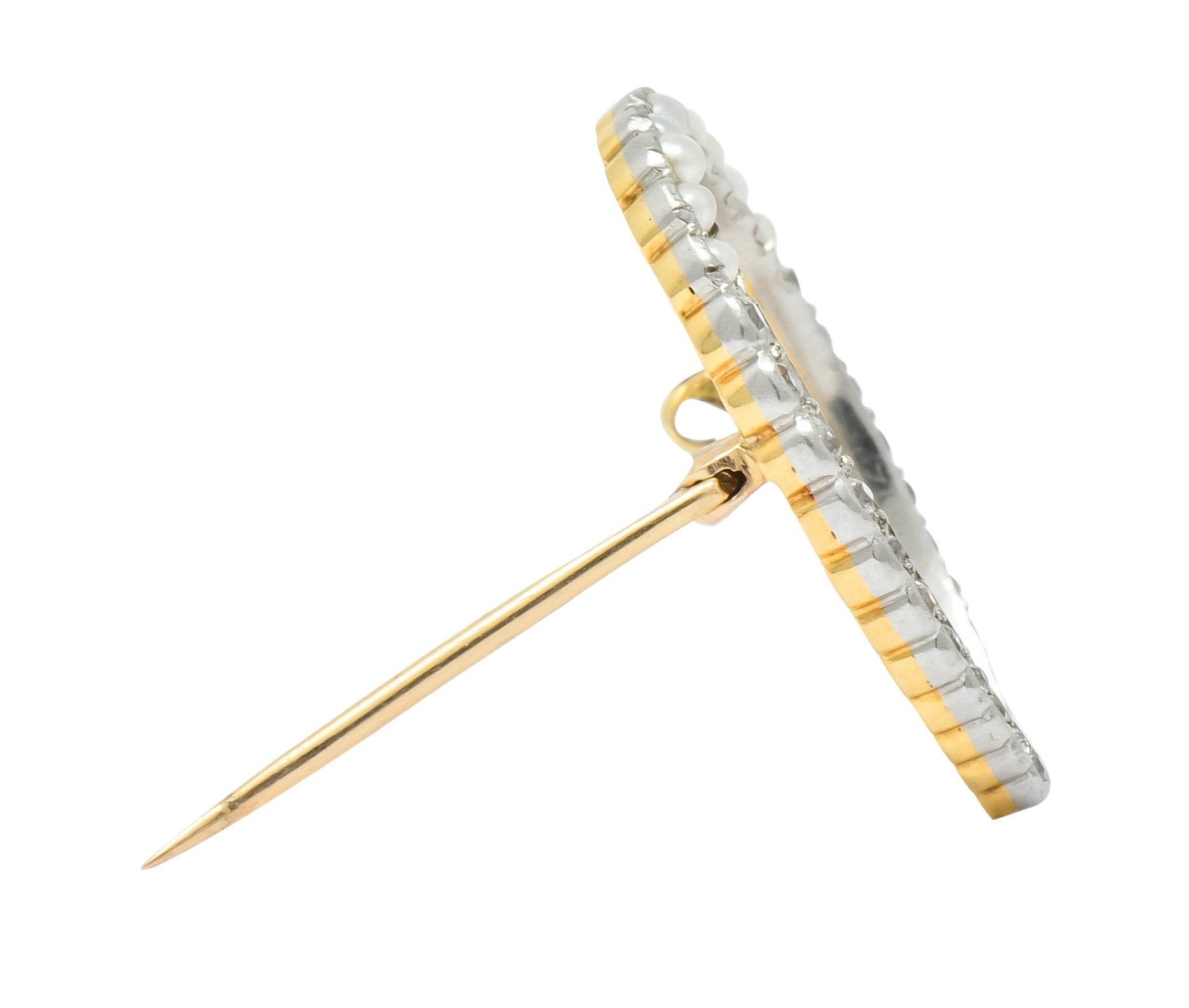 Edwardian Diamond Pearl Platinum-Topped 14 Karat Gold Horseshoe Brooch - Wilson's Estate Jewelry