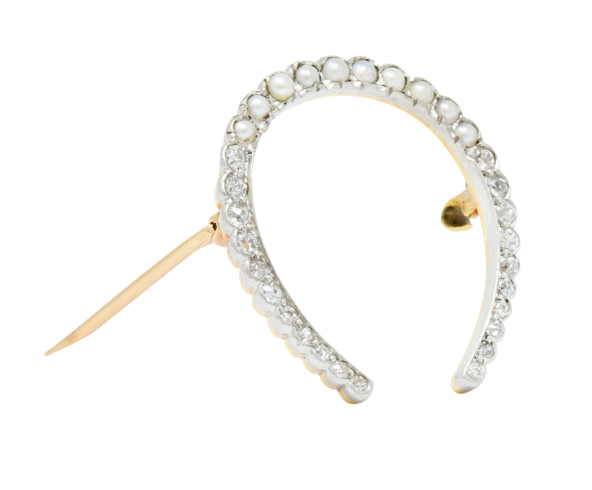 Edwardian Diamond Pearl Platinum-Topped 14 Karat Gold Horseshoe Brooch - Wilson's Estate Jewelry
