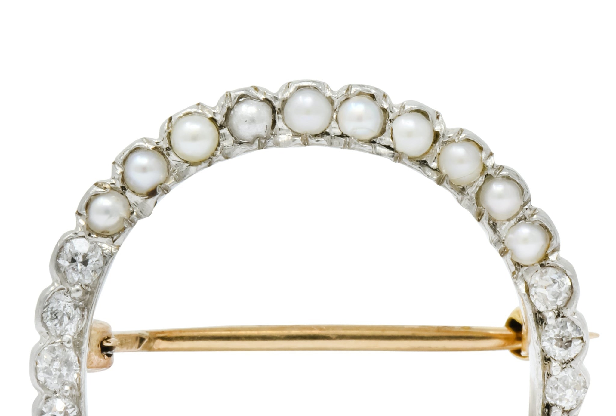 Edwardian Diamond Pearl Platinum-Topped 14 Karat Gold Horseshoe Brooch - Wilson's Estate Jewelry