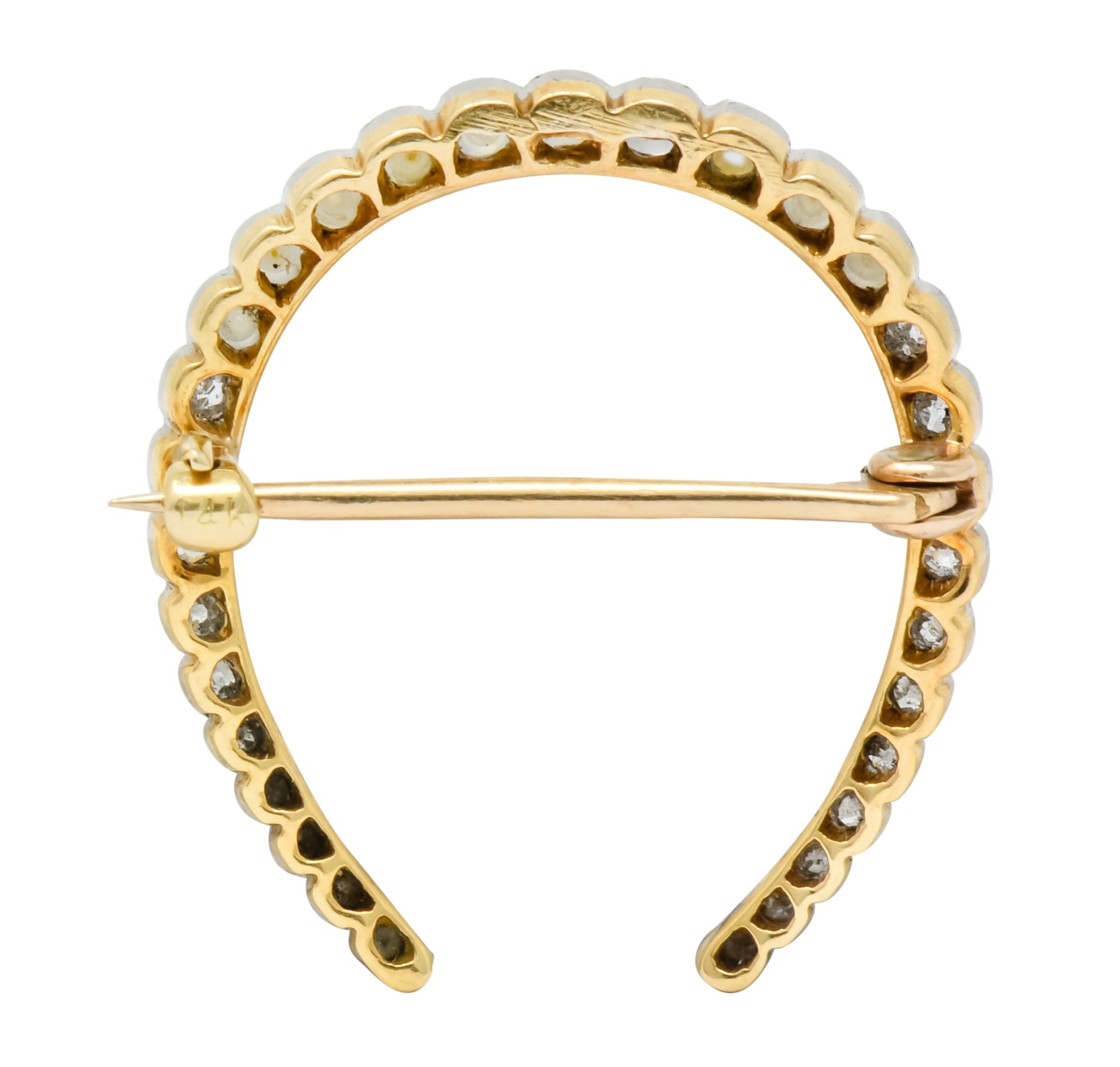 Edwardian Diamond Pearl Platinum-Topped 14 Karat Gold Horseshoe Brooch - Wilson's Estate Jewelry