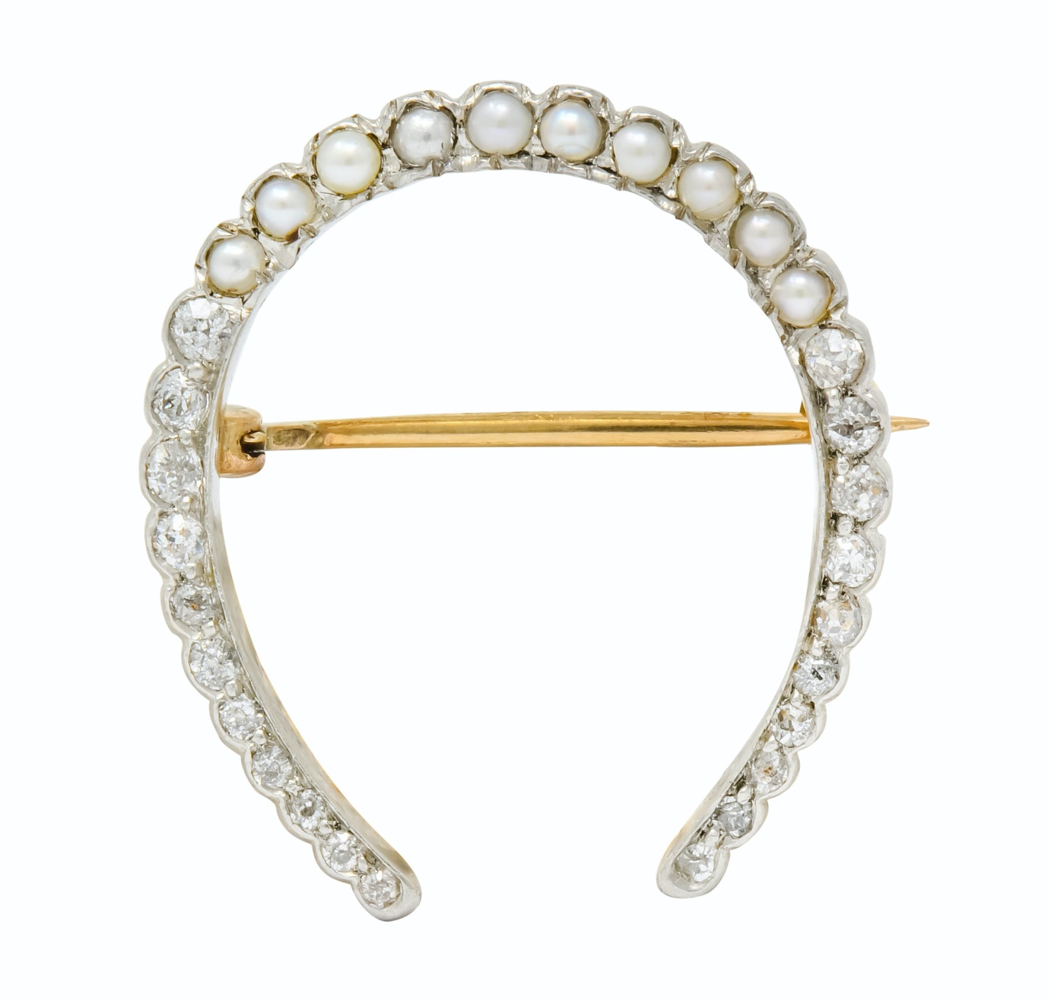 Edwardian Diamond Pearl Platinum-Topped 14 Karat Gold Horseshoe Brooch - Wilson's Estate Jewelry