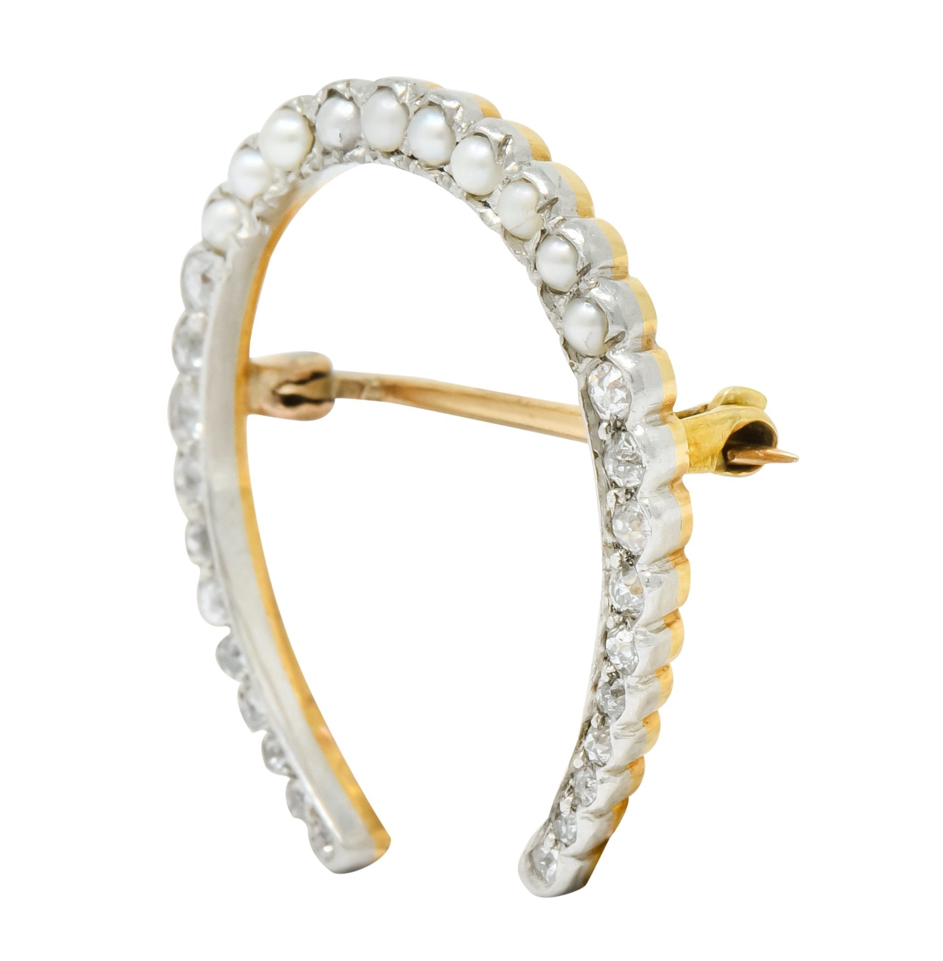 Edwardian Diamond Pearl Platinum-Topped 14 Karat Gold Horseshoe Brooch - Wilson's Estate Jewelry