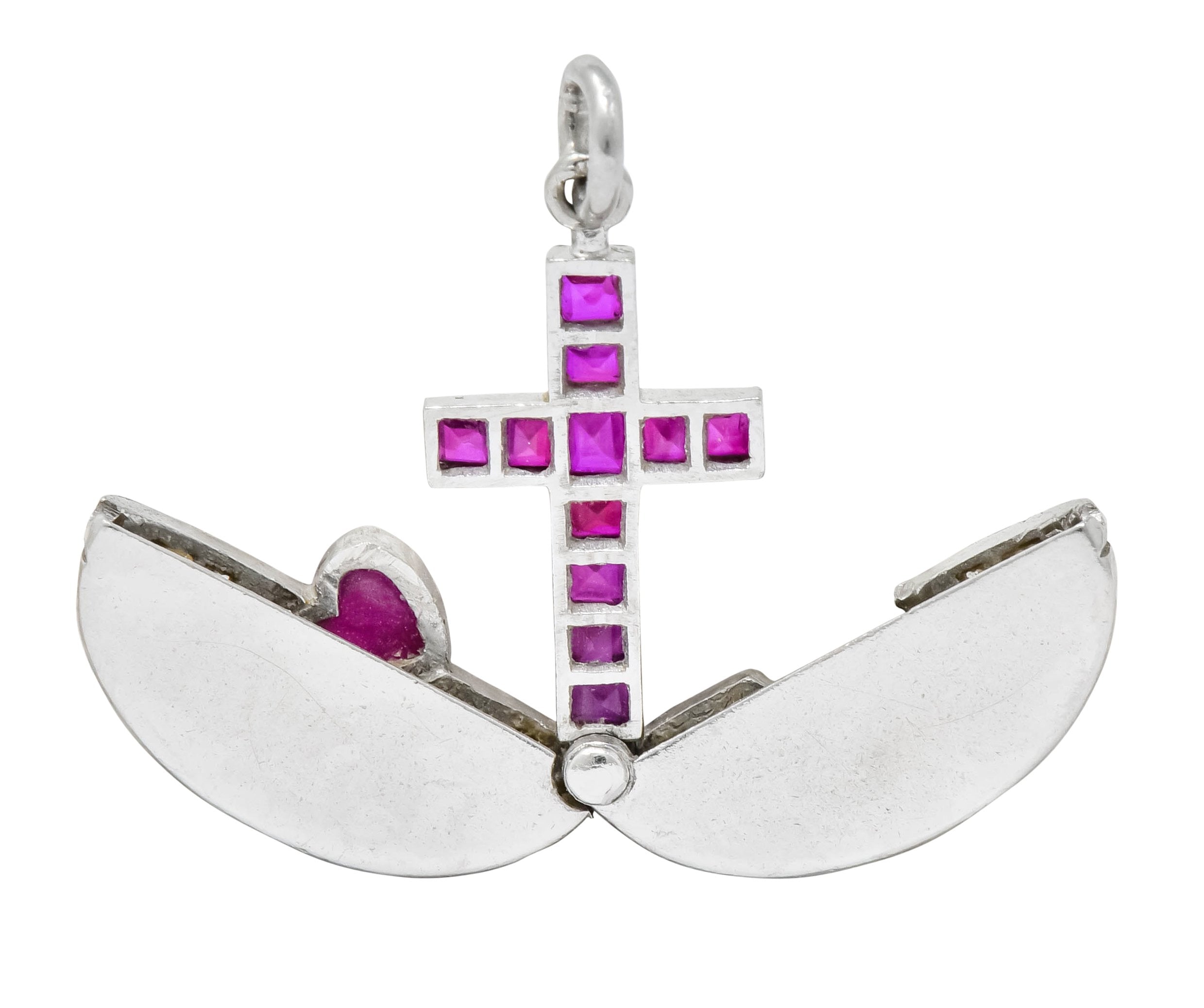 Edwardian Ruby Diamond Platinum Sacred Heart Cross Articulated Charm - Wilson's Estate Jewelry