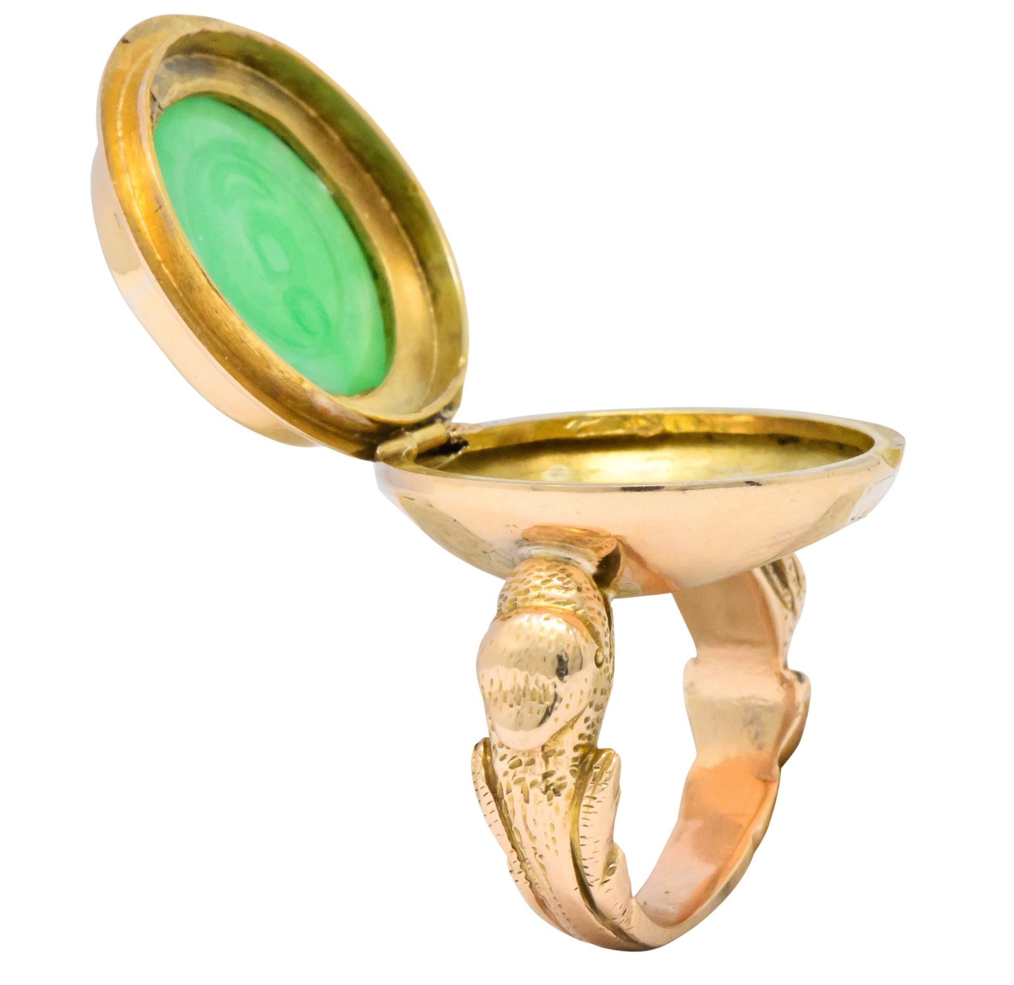 Fascinating Victorian Carved Jade 14 Karat Gold Poison Locket Ring - Wilson's Estate Jewelry