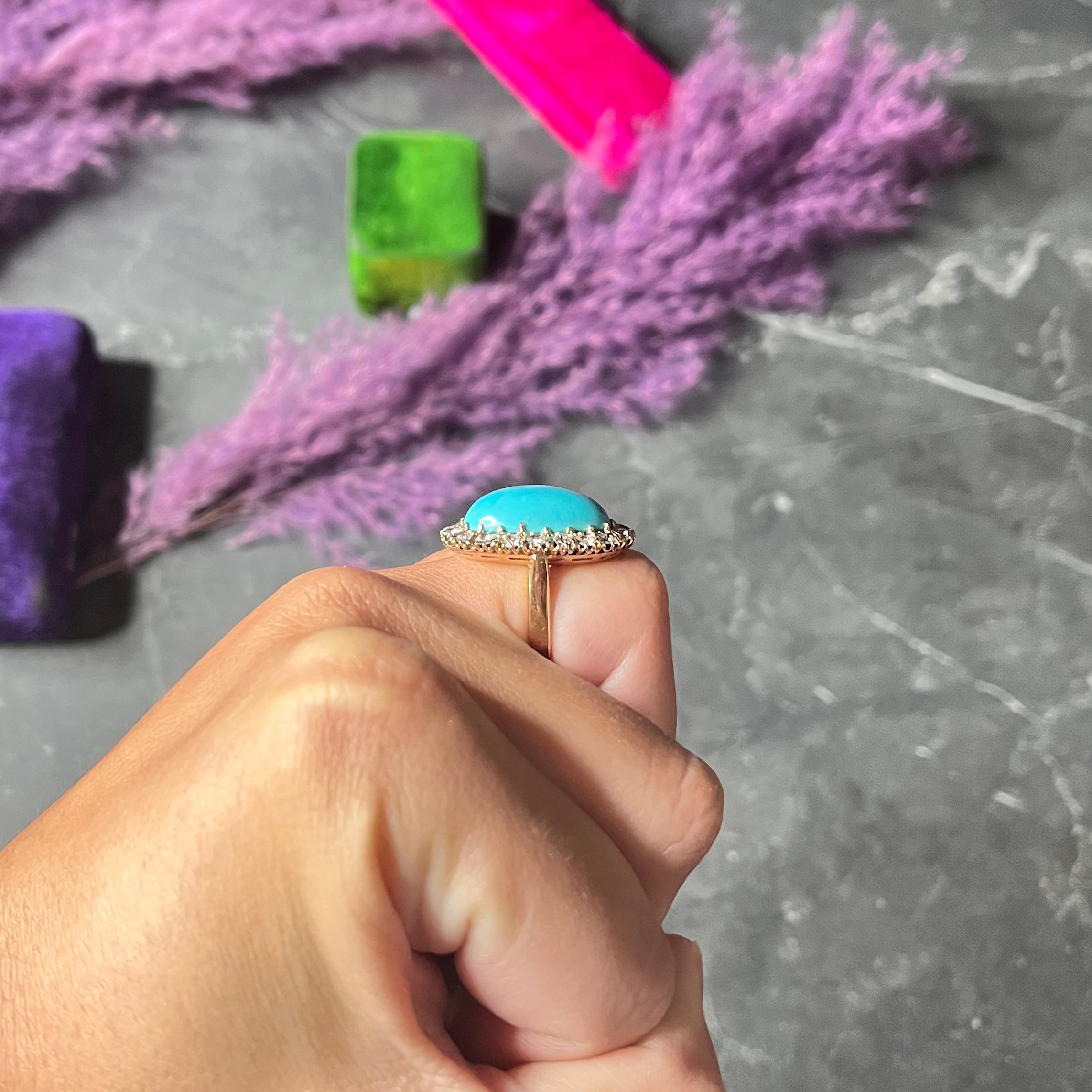 Victorian 1.43 CTW Old European Old Mine Diamond Turquoise 18 Karat Yellow Gold Cluster Antique Ring Wilson's Estate Jewelry