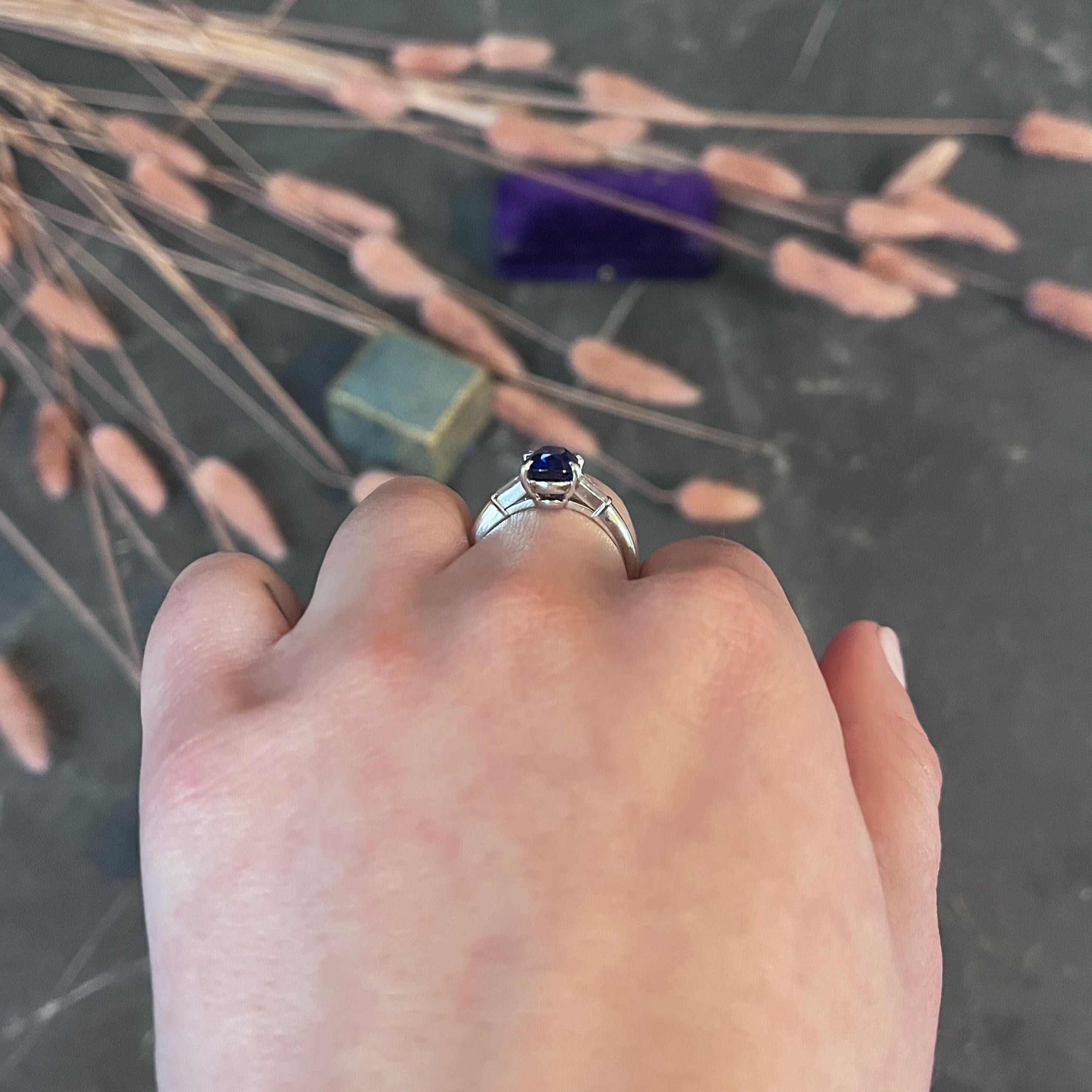Tiffany & Co. 3.54 CTW No Heat Royal Blue Sapphire Diamond Platinum Three Stone Ring GIA Wilson's Antique & Estate Jewelry