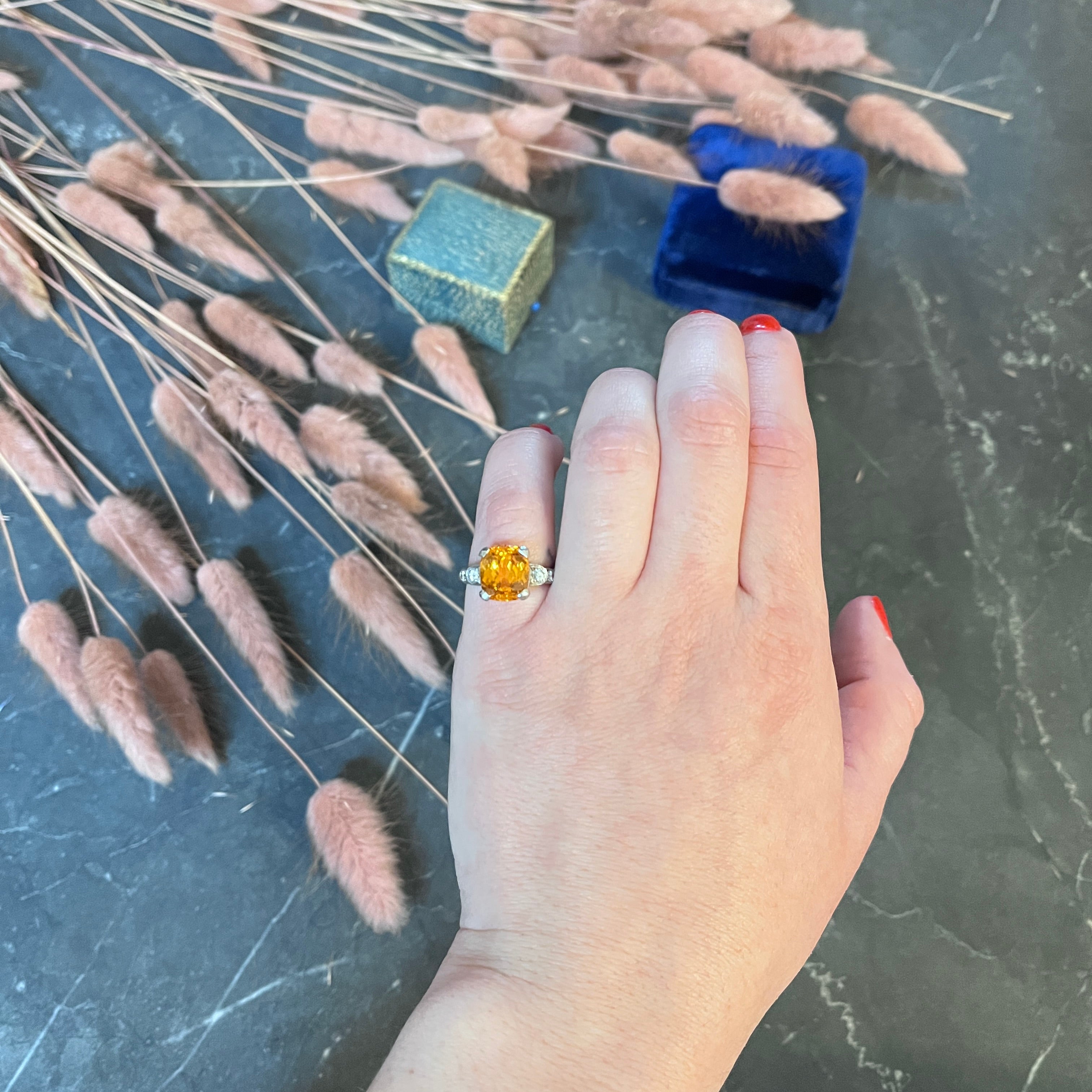 Mid-Century Spessartine Garnet Diamond Palladium Cocktail Ring Wilson's Antique & Estate Jewelry