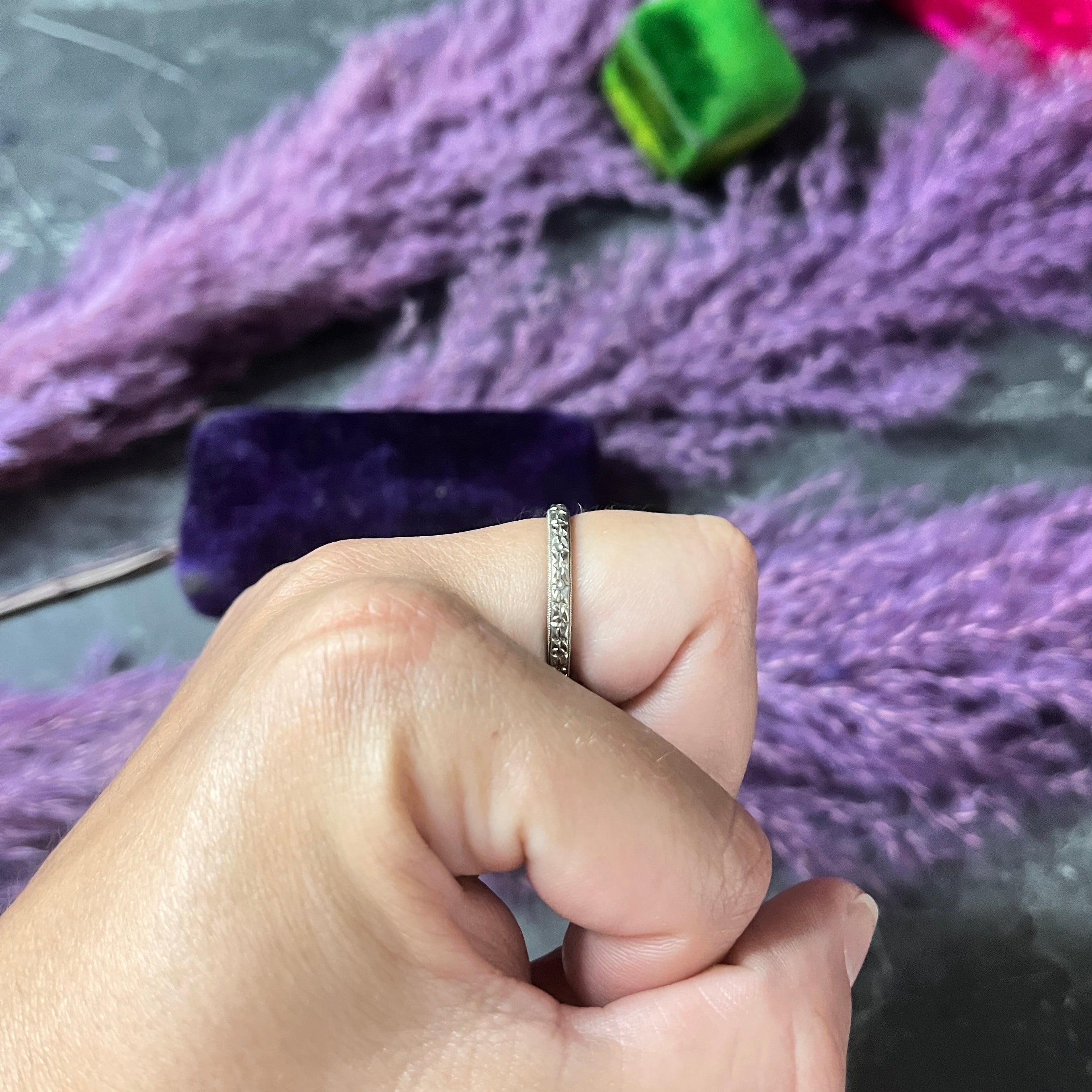 Art Deco 14 Karat White Gold Engraved Orange Blossom Wedding Band Ring Wilson's Estate Jewelry