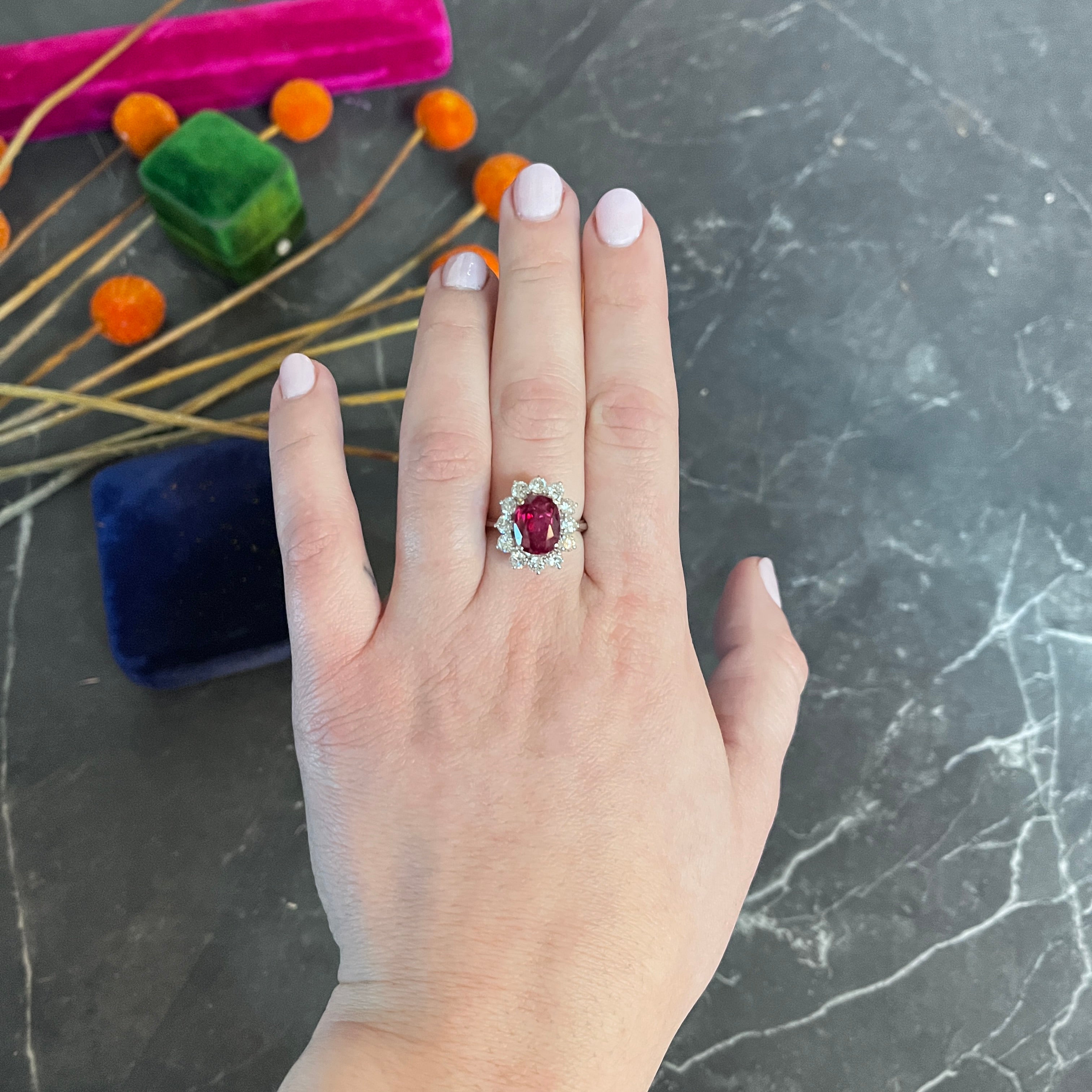 5.02 CTW No Heat Ruby Diamond Platinum Cluster Ring GIA Wilson's Estate Jewelry