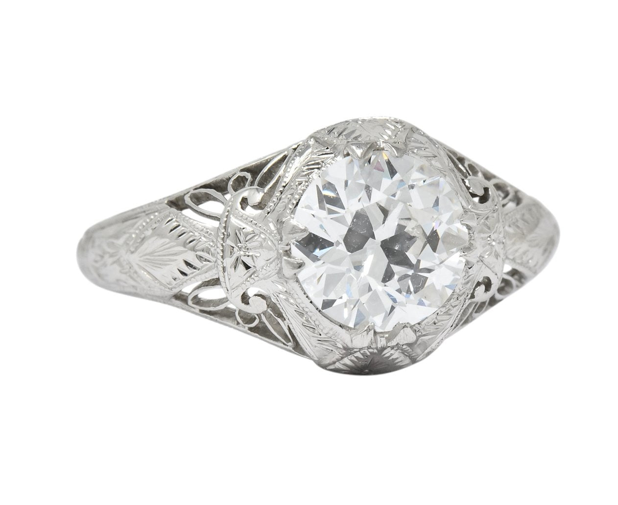 Intricate Edwardian 1.55 CTW Transitional Cut Diamond Engagement Ring Circa 1915 GIA - Wilson's Estate Jewelry