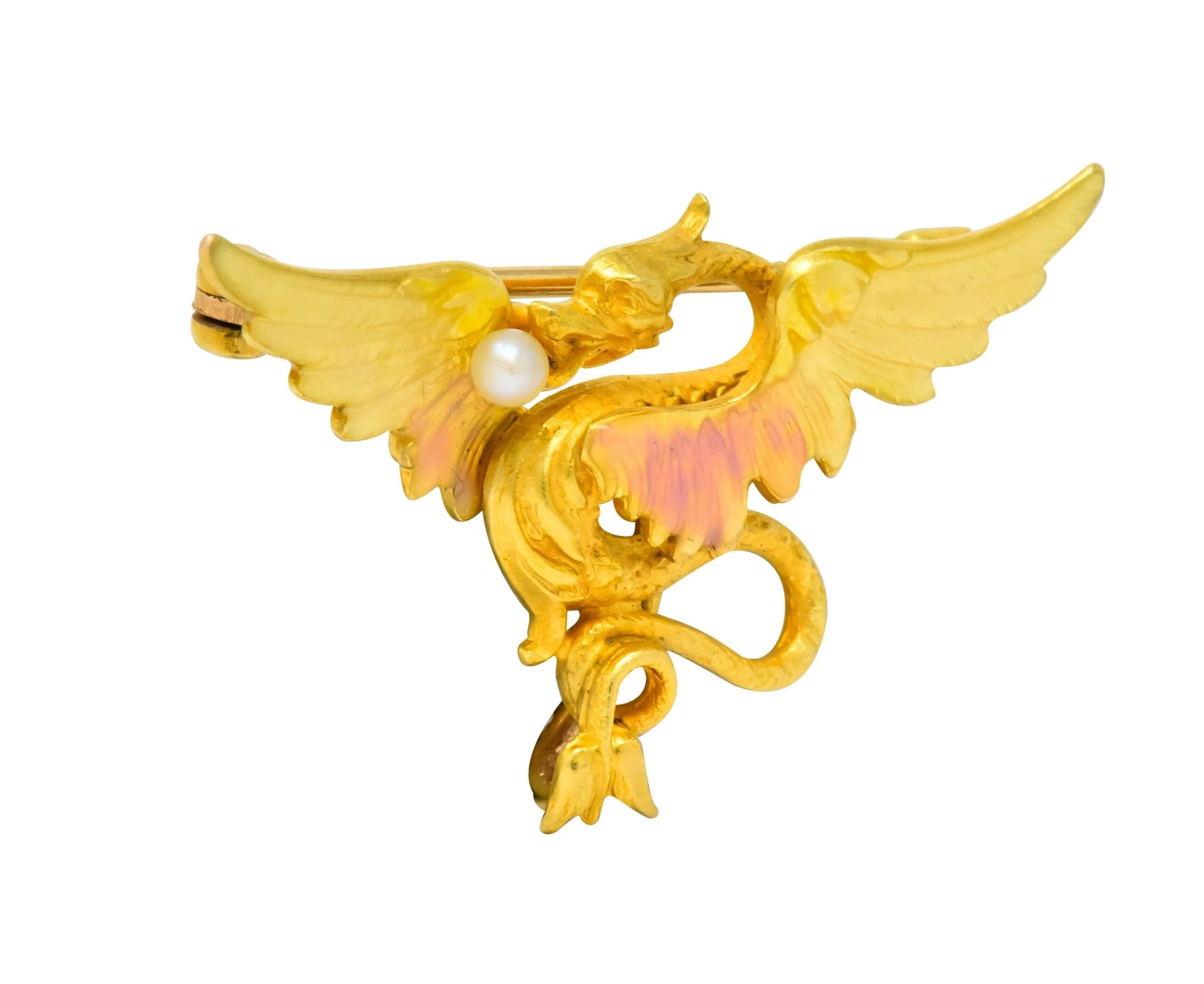 Krementz Art Nouveau 14 Karat Gold Enamel Dragon Watch Pin Brooch - Wilson's Estate Jewelry