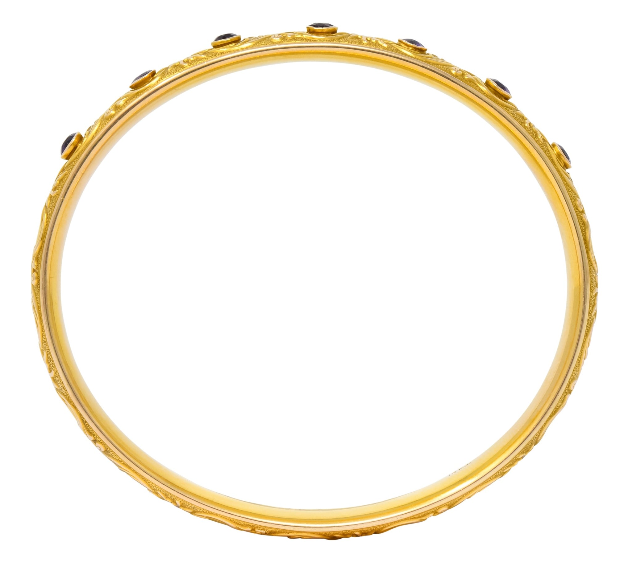 Krementz Art Nouveau Amethyst 14 Karat Gold Engraved Bangle Bracelet Circa 1900 - Wilson's Estate Jewelry