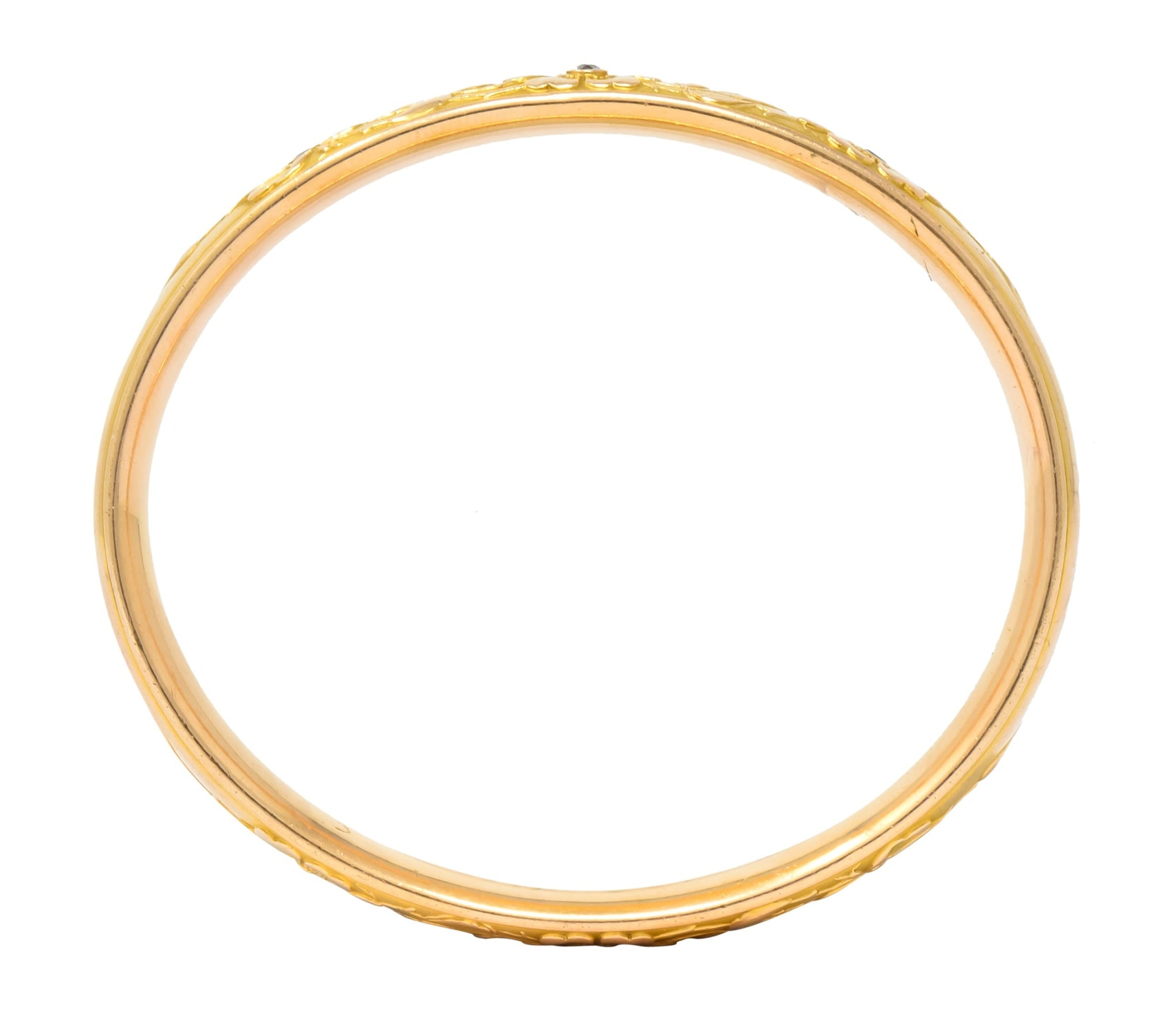 Krementz Diamond Sapphire 14 Karat Gold Engraved Floral Bangle Bracelet - Wilson's Estate Jewelry