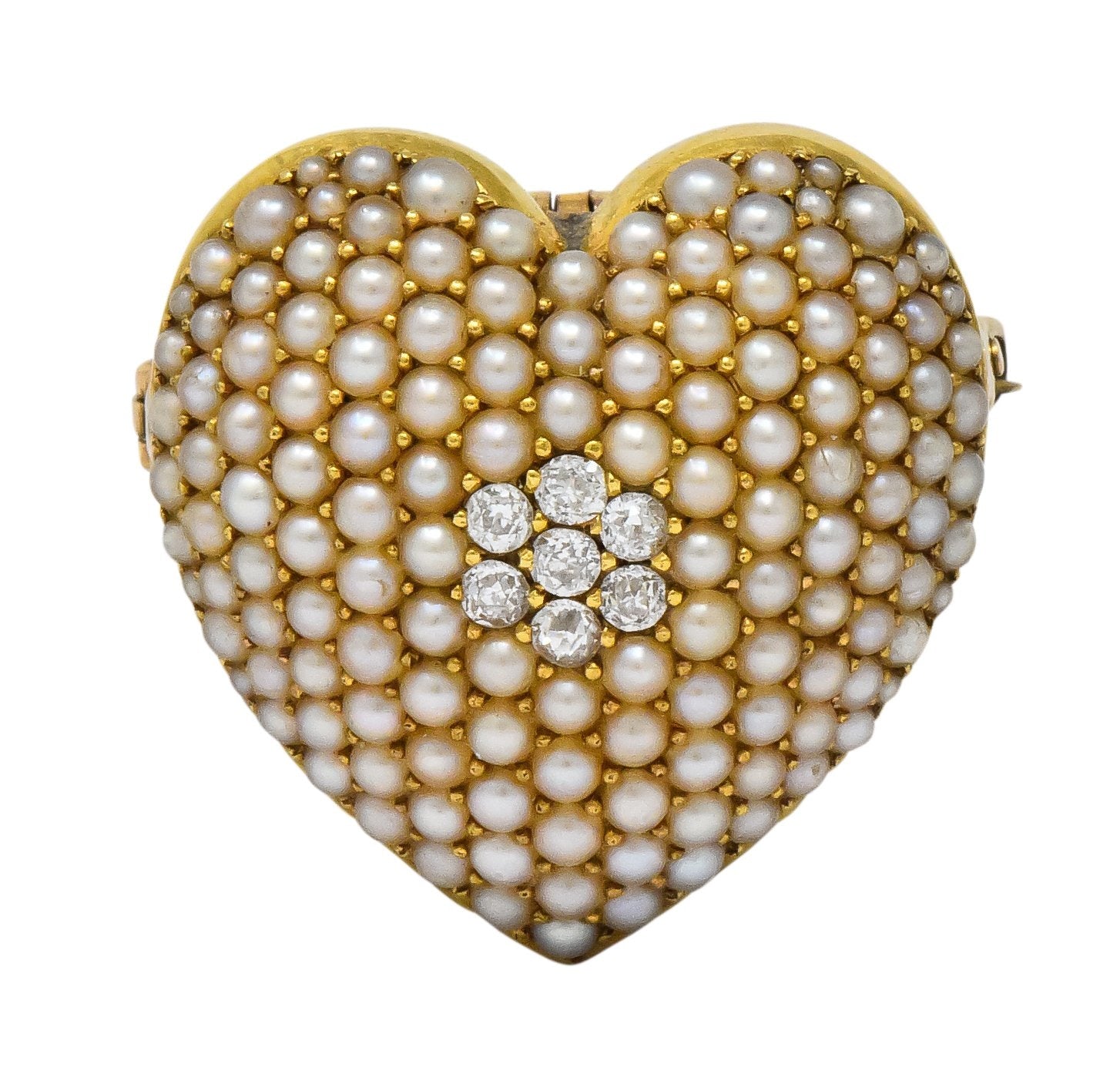 Krementz Late Victorian Diamond Seed Pearl 14 Karat Gold Heart Pendant Brooch - Wilson's Estate Jewelry