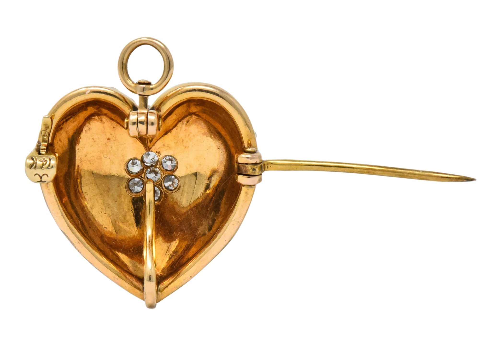 Krementz Late Victorian Diamond Seed Pearl 14 Karat Gold Heart Pendant Brooch - Wilson's Estate Jewelry