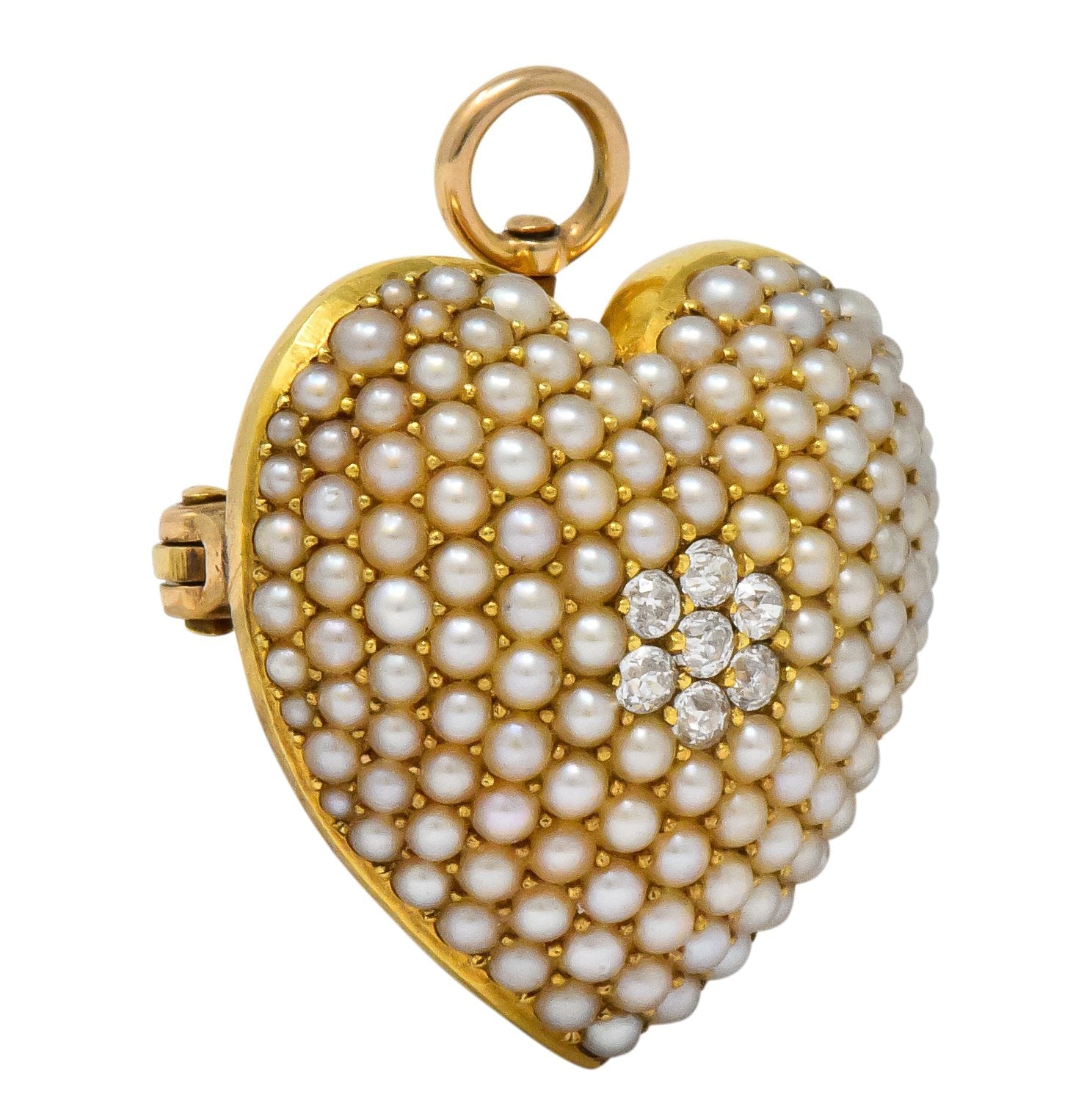 Krementz Late Victorian Diamond Seed Pearl 14 Karat Gold Heart Pendant Brooch - Wilson's Estate Jewelry