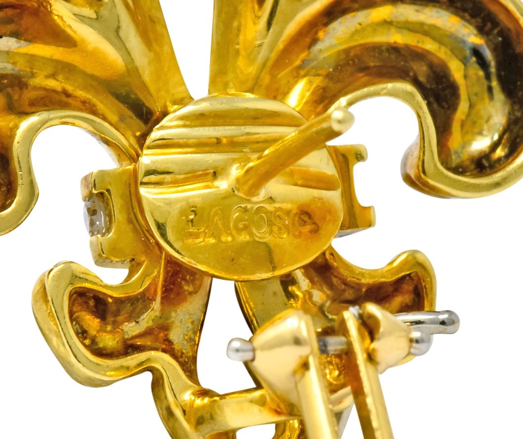 Lagos 1990's Vintage Diamond 18 Karat Gold Fleur-De-Lis Earrings - Wilson's Estate Jewelry