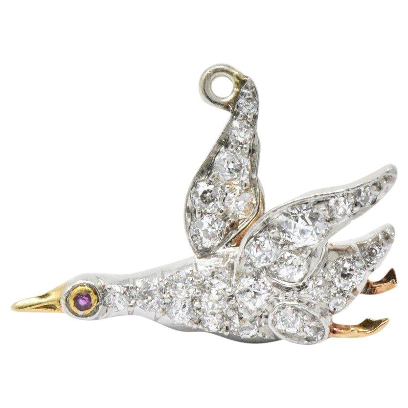 Late Victorian .40CTW Diamond Ruby & Platinum-Topped Yellow Gold Bird Charm Wilson's Estate Jewelry
