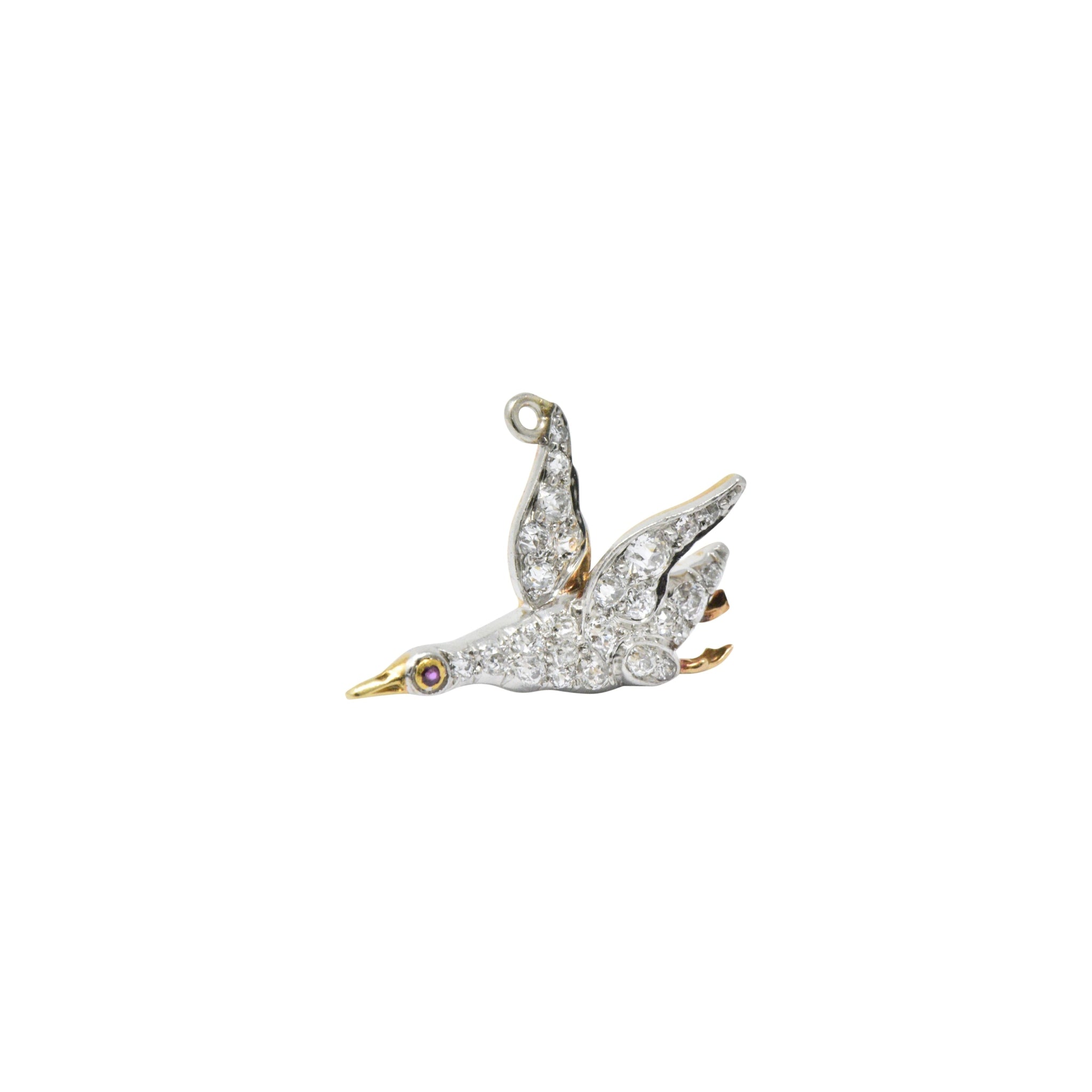 Late Victorian .40CTW Diamond Ruby & Platinum-Topped Yellow Gold Bird Charm Wilson's Estate Jewelry