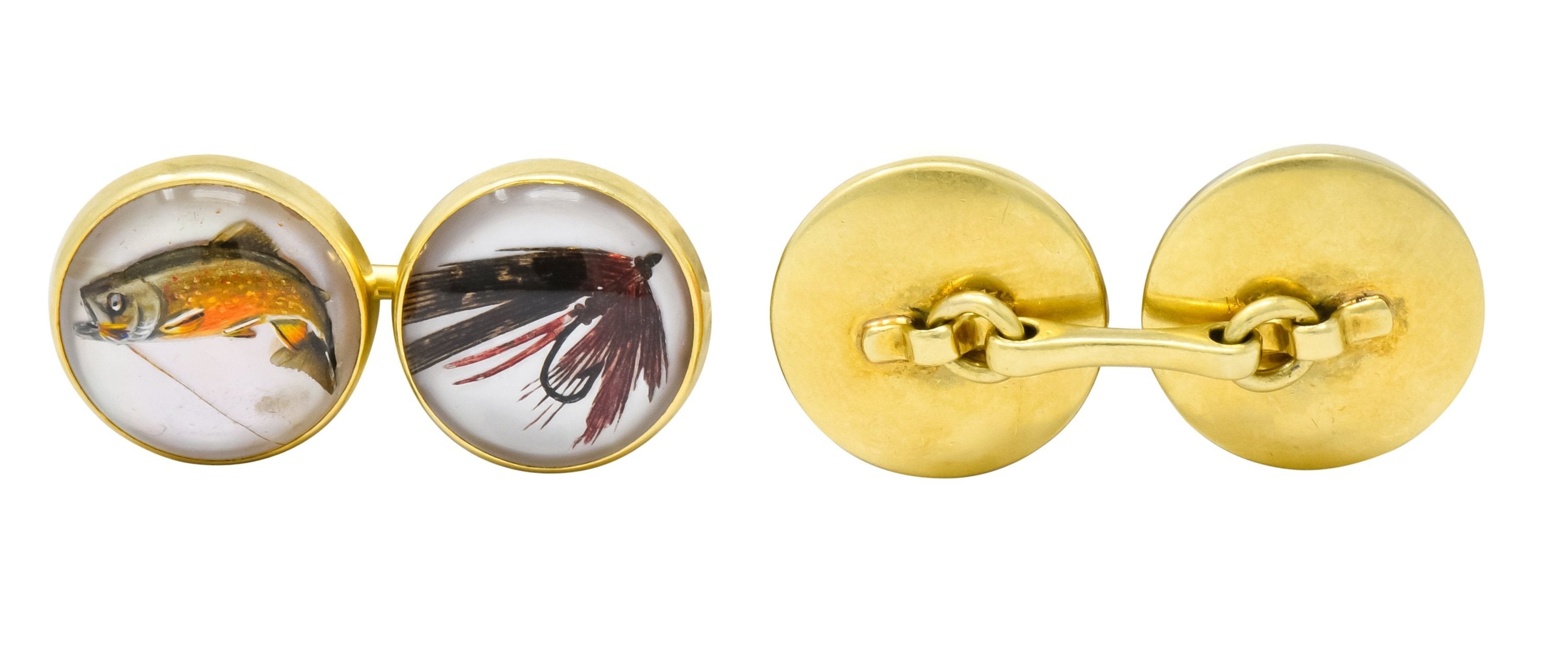 Marcus & Co. Victorian Painted Carved Rock Crystal 14 Karat Gold Men's Fishing Cufflinks - Wilson's Estate Jewelry