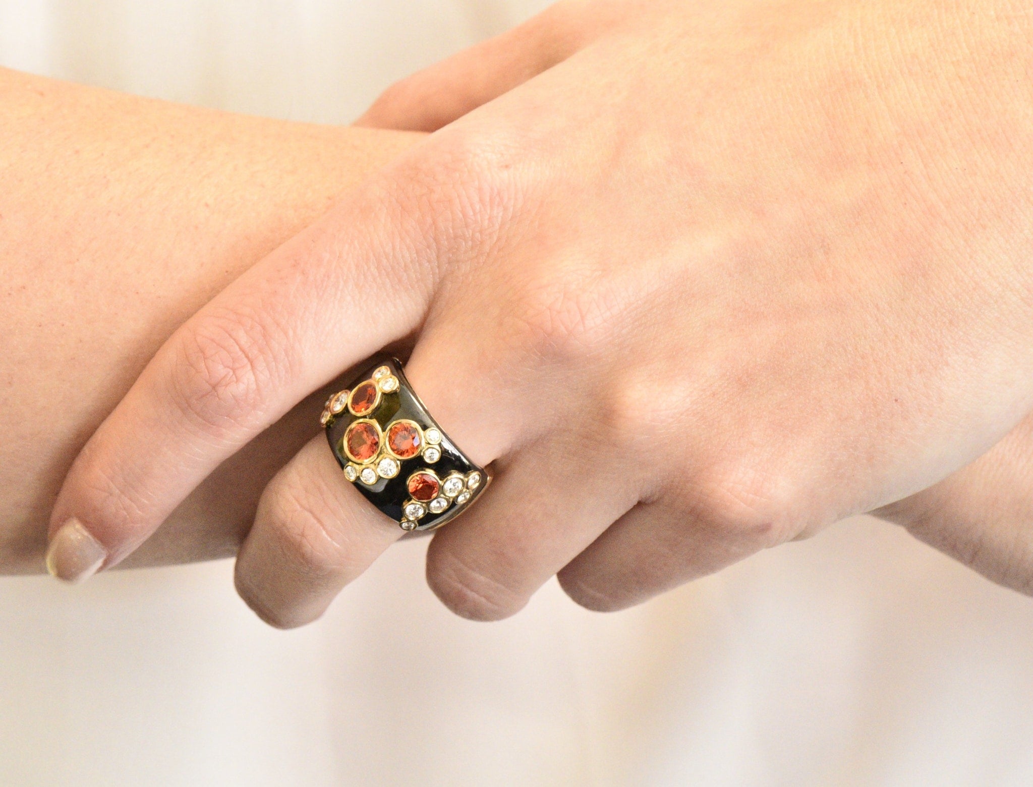 Marina B 'Bulgari' 2.80 CTW Orange Sapphire Diamond Onyx 18 Karat Gold Fujiyama Ring Wilson's Estate Jewelry