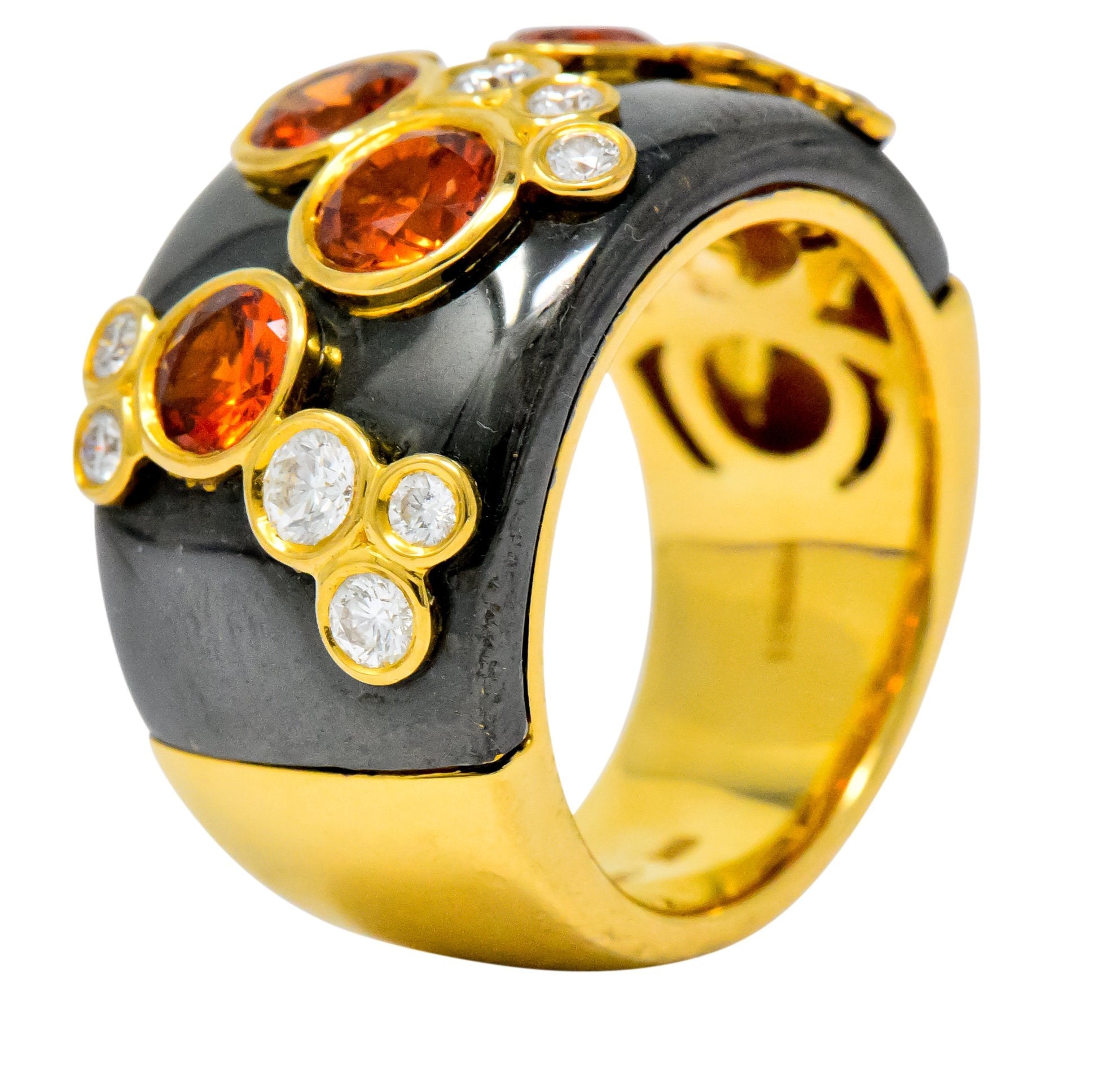 Marina B 'Bulgari' 2.80 CTW Orange Sapphire Diamond Onyx 18 Karat Gold Fujiyama Ring Wilson's Estate Jewelry