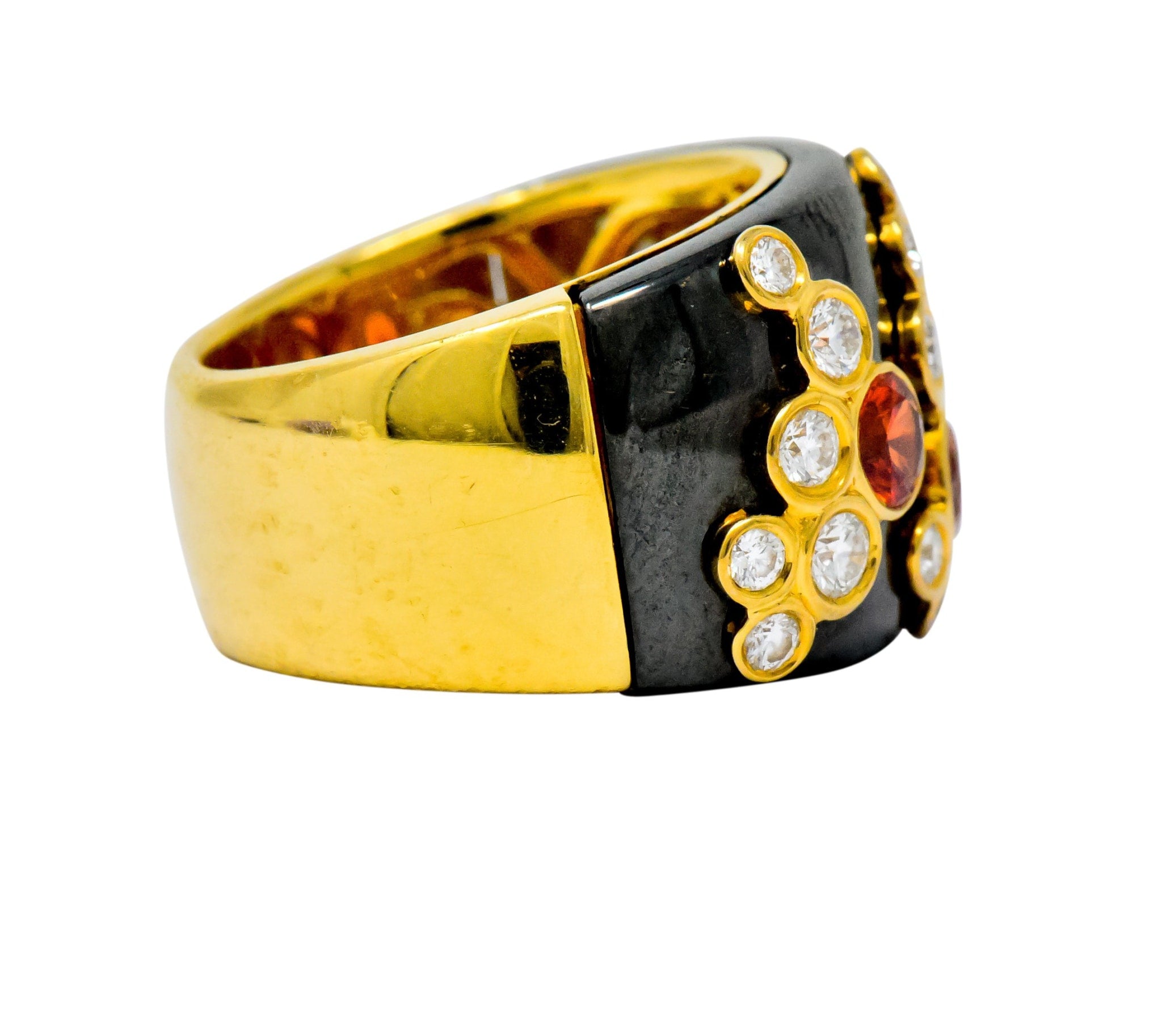 Marina B 'Bulgari' 2.80 CTW Orange Sapphire Diamond Onyx 18 Karat Gold Fujiyama Ring Wilson's Estate Jewelry
