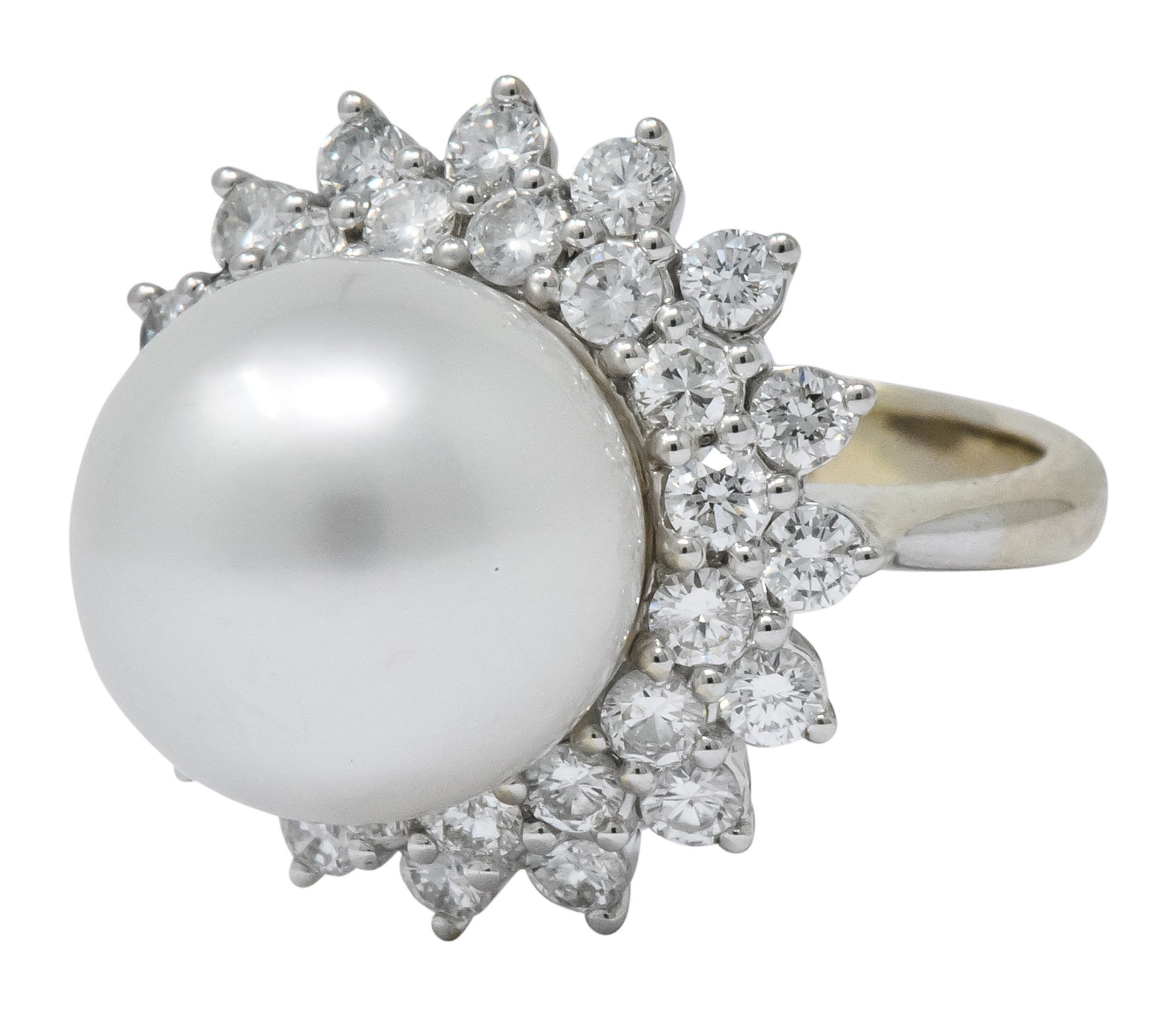 Modern 3.20 CTW Diamond Cultured South Sea Pearl 14 Karat White Gold Cluster Ring - Wilson's Estate Jewelry