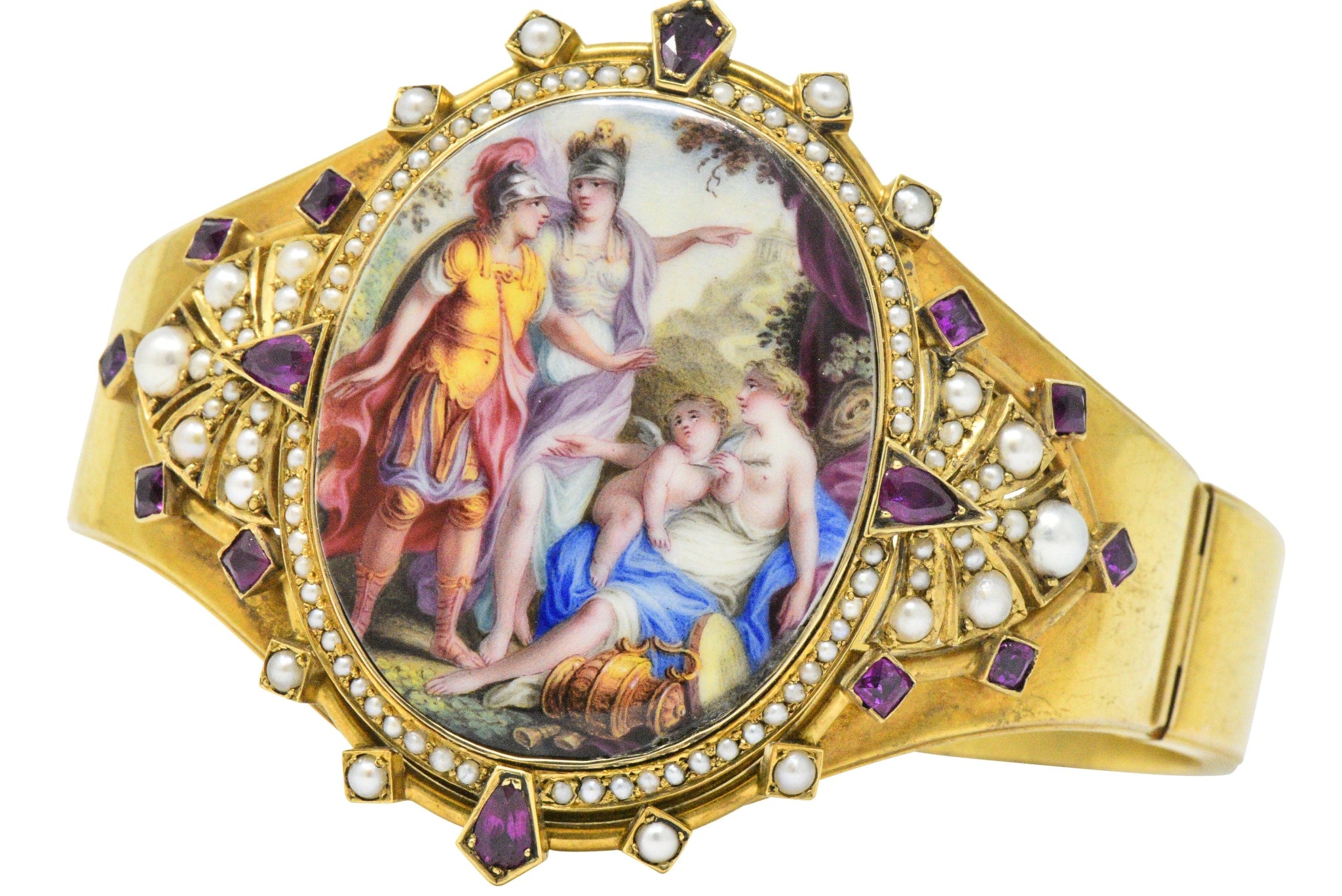 Ornate Victorian Pearl Ruby Painted Porcelain 14k Gold Bangle Bracelet Wilson's Estate Jewelry
