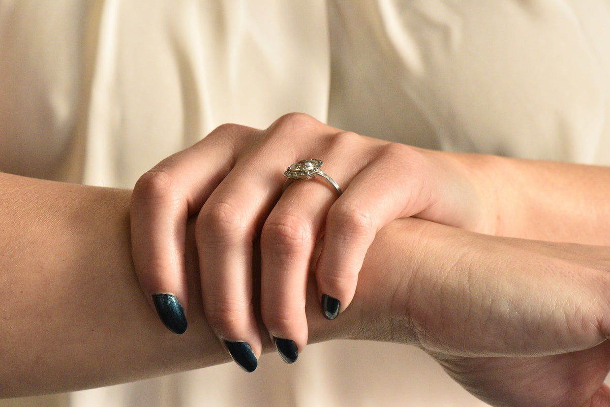 Pretty Art Deco 1.58 CTW Diamond Platinum Halo Engagement Ring Wilson's Estate Jewelry