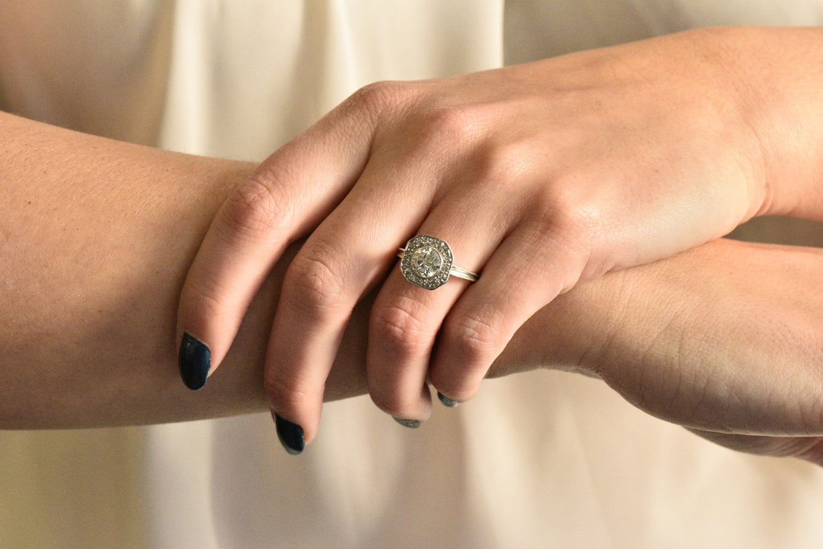 Pretty Art Deco 1.58 CTW Diamond Platinum Halo Engagement Ring Wilson's Estate Jewelry