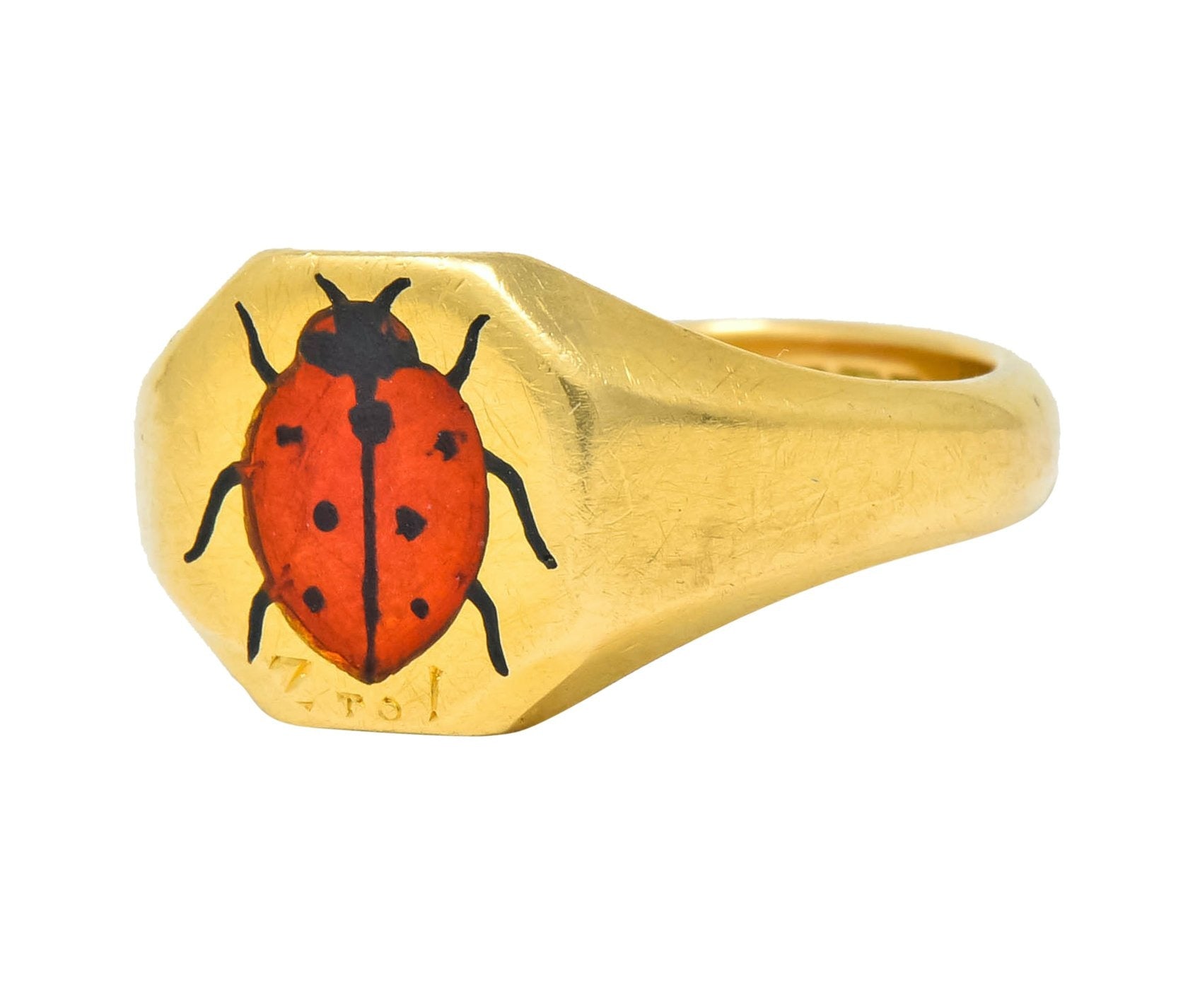 Retro 1938 Enamel 18 Karat Gold Ladybug Signet Pinky Ring - Wilson's Estate Jewelry