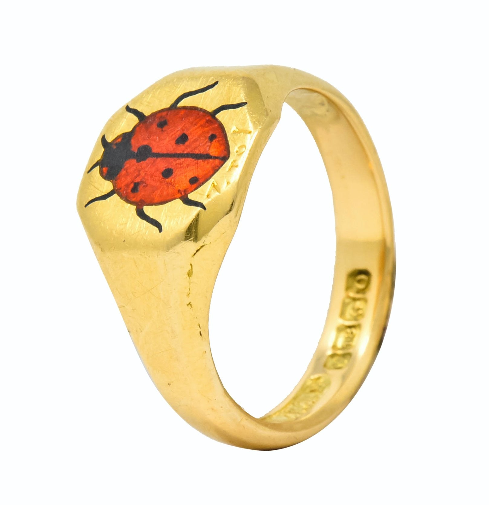 Retro 1938 Enamel 18 Karat Gold Ladybug Signet Pinky Ring - Wilson's Estate Jewelry