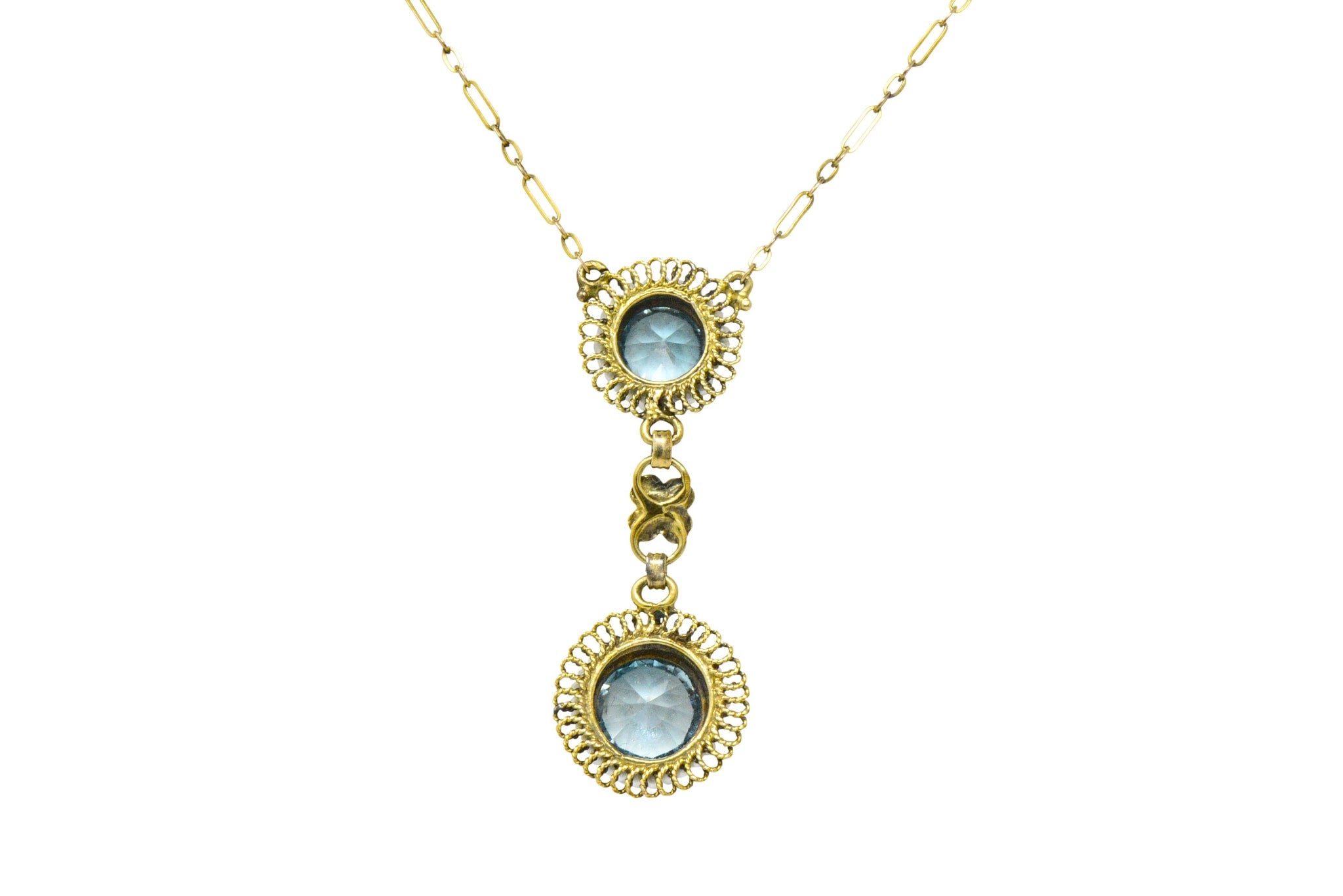 Retro 4.75 CTW Blue Zircon Seed Pearl 14 Karat Gold Drop Necklace Wilson's Estate Jewelry