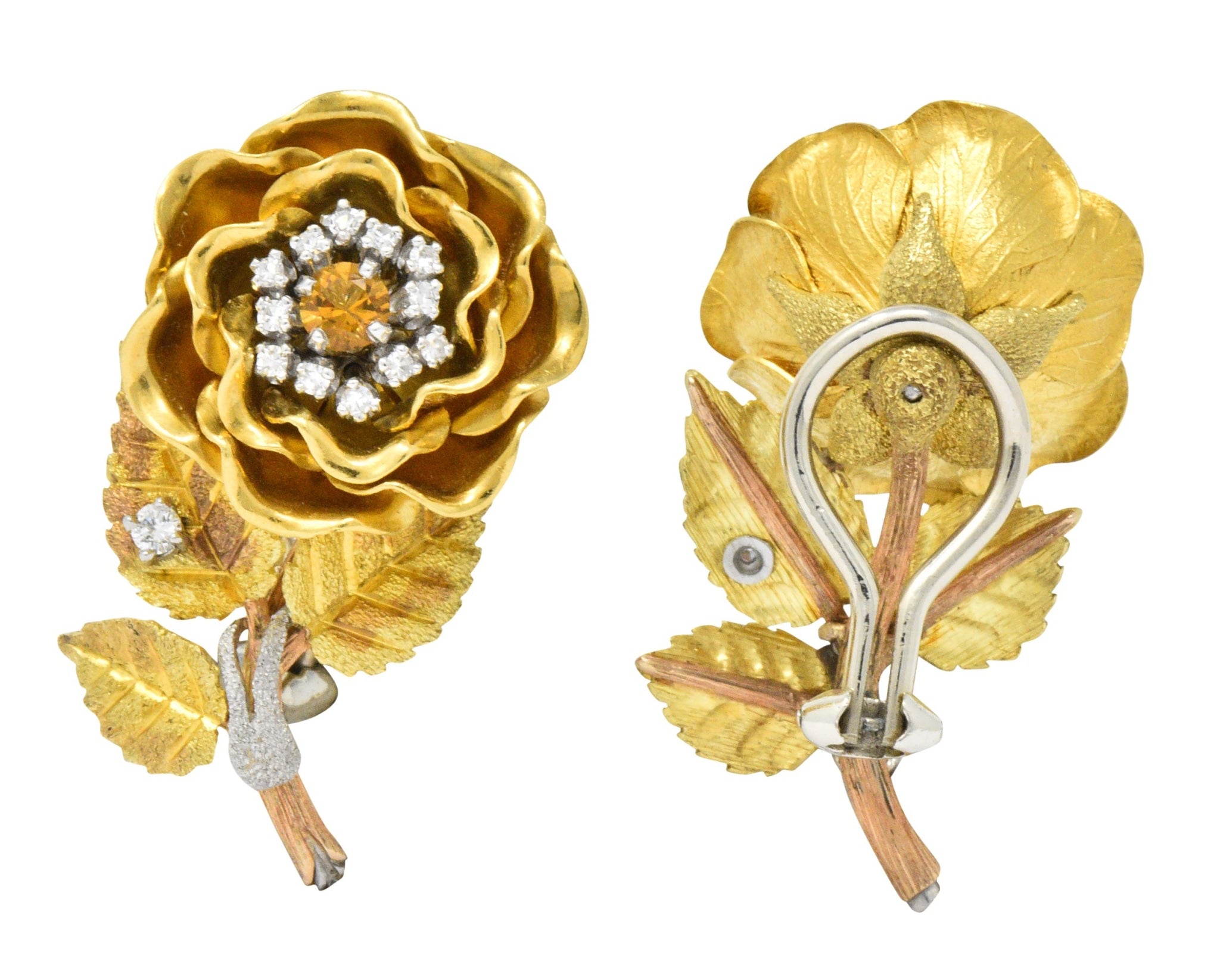 Retro Citrine Diamond Platinum 14 Karat Tri-Colored Gold Flower Ear-Clip Earrings Circa 1940 - Wilson's Estate Jewelry