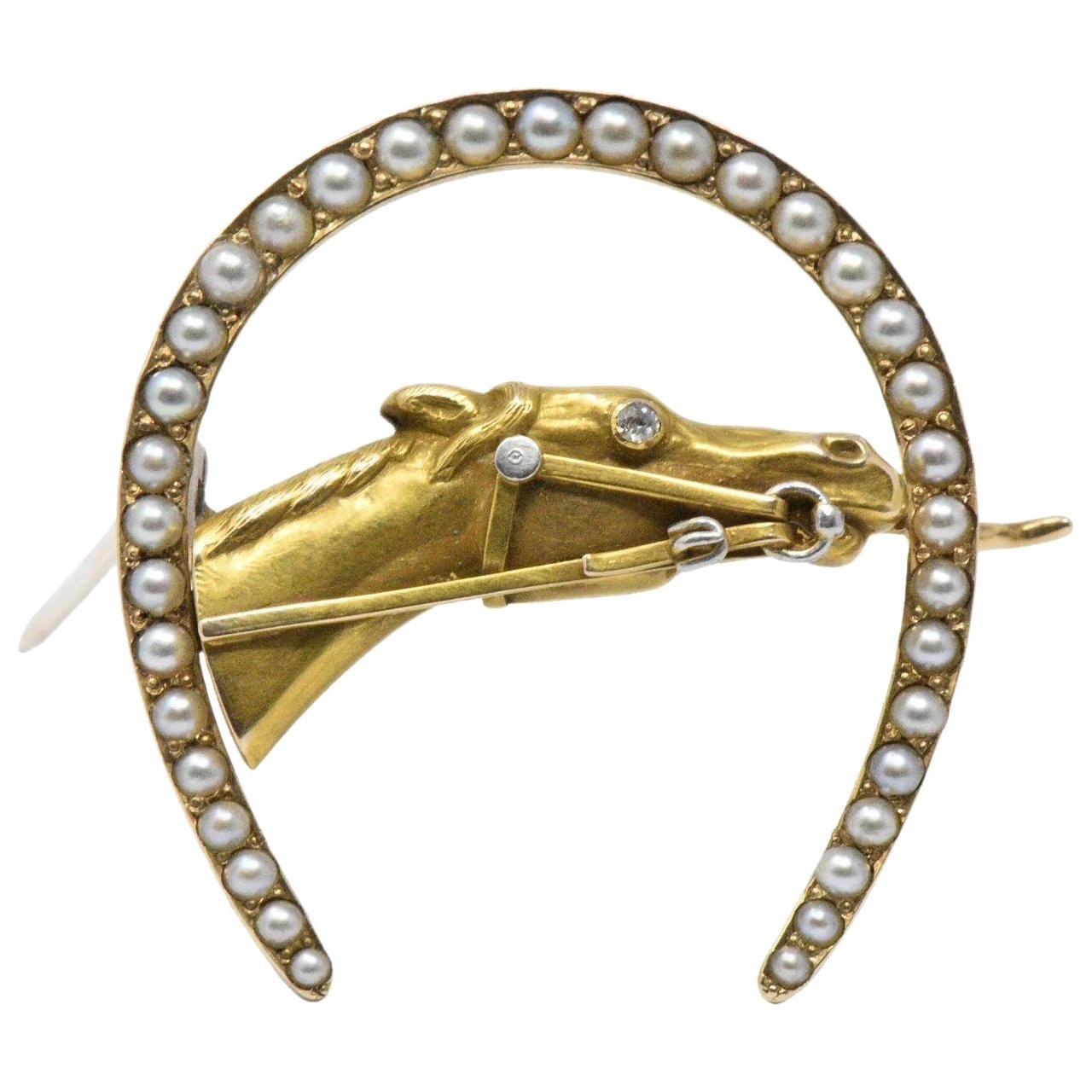 Retro Seed Pearl, Diamond & 14K Gold Horseshoe Horse Brooch Wilson's Estate Jewelry