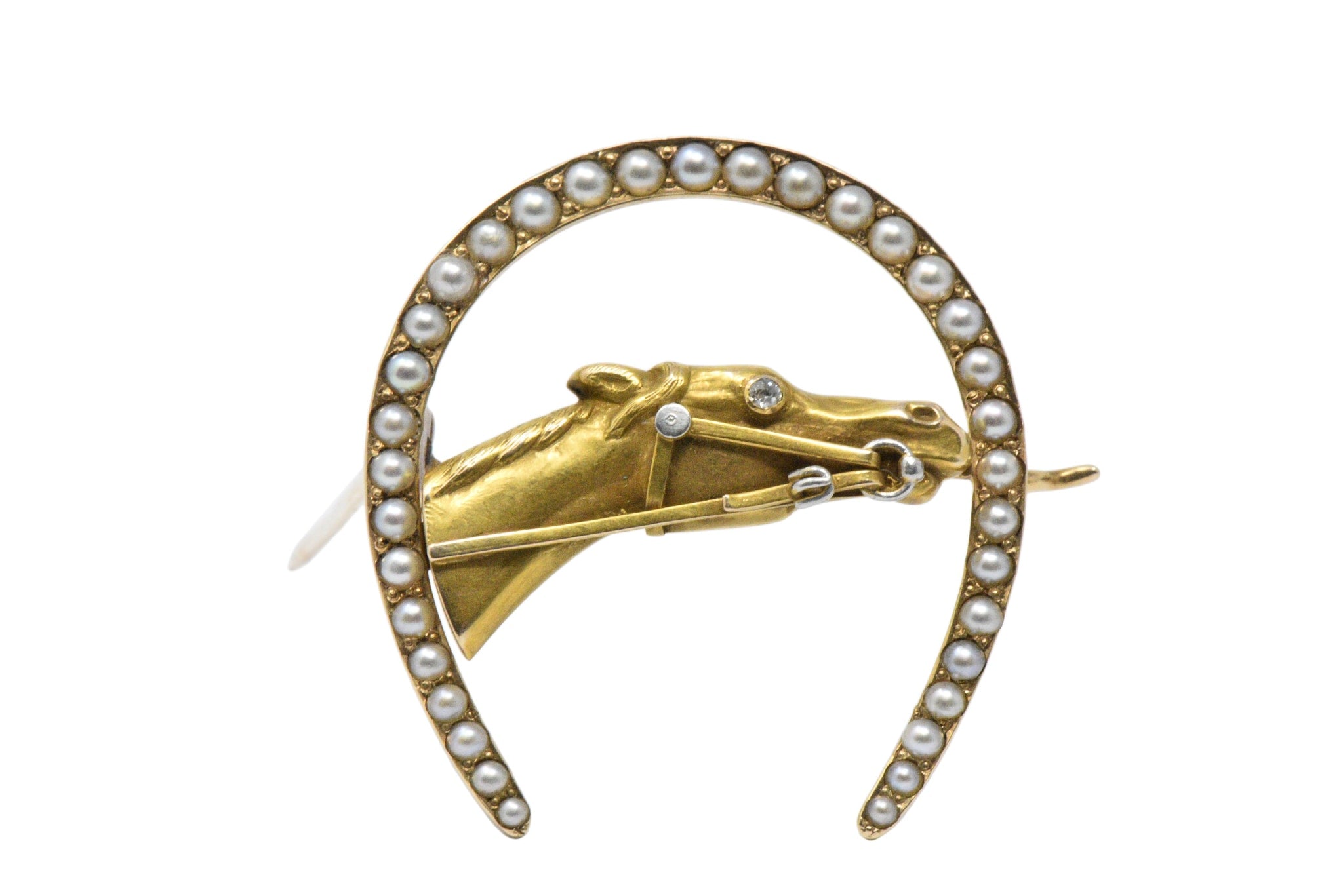 Retro Seed Pearl, Diamond & 14K Gold Horseshoe Horse Brooch Wilson's Estate Jewelry