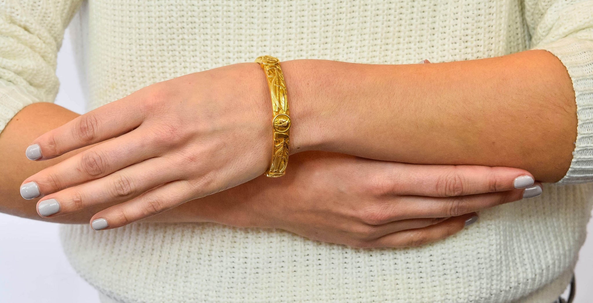 Riker Brothers Art Nouveau 14 Karat Gold Native American Bangle Bracelet - Wilson's Estate Jewelry