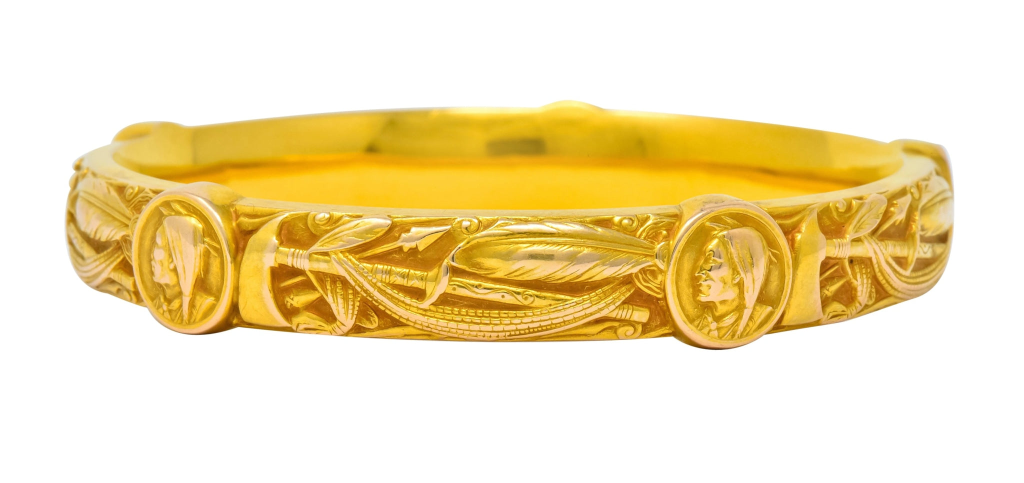 Riker Brothers Art Nouveau 14 Karat Gold Native American Bangle Bracelet - Wilson's Estate Jewelry