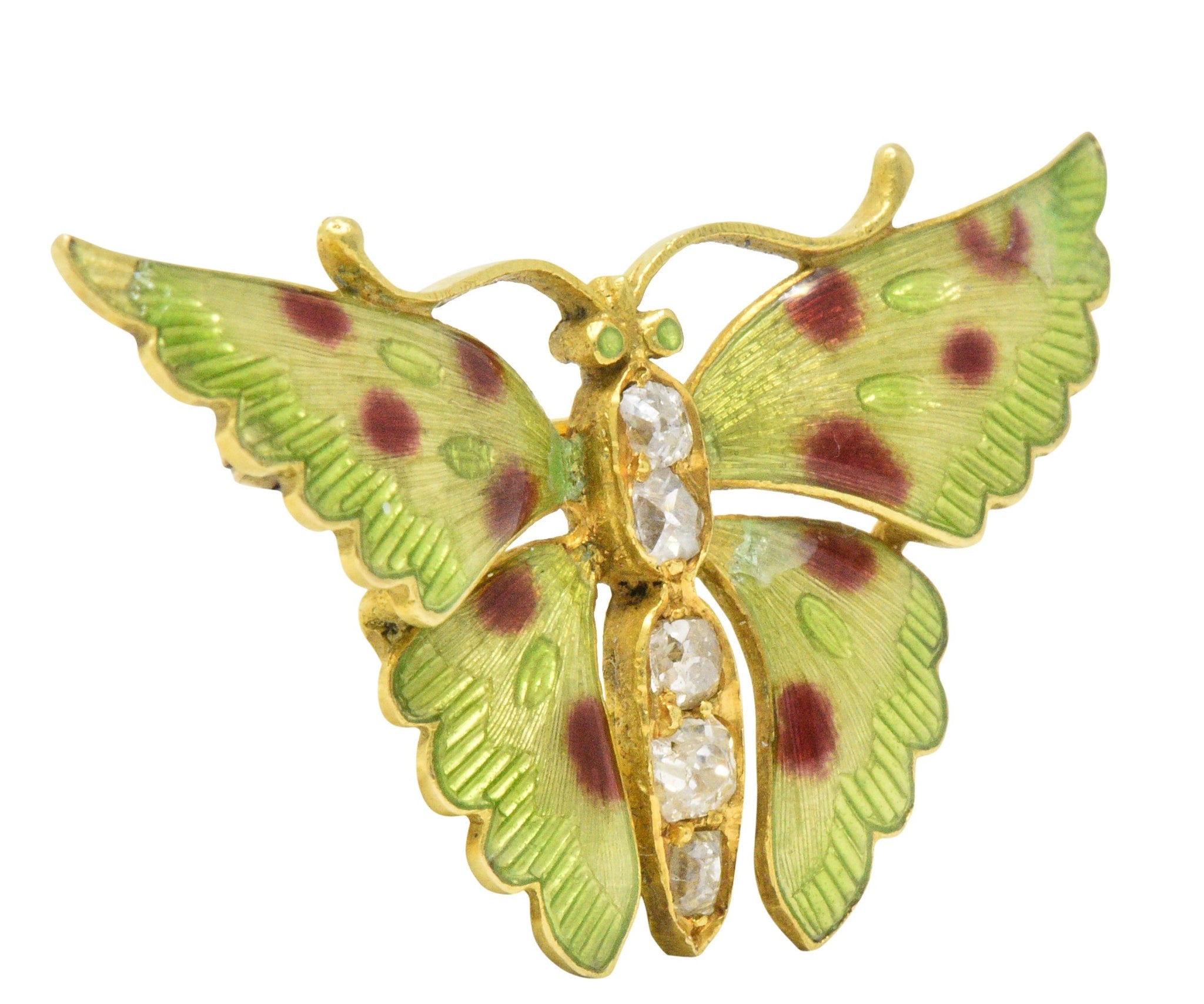 Victorian 0.60 CTW Diamond Enamel 14 Karat Gold Butterfly Brooch Wilson's Estate Jewelry