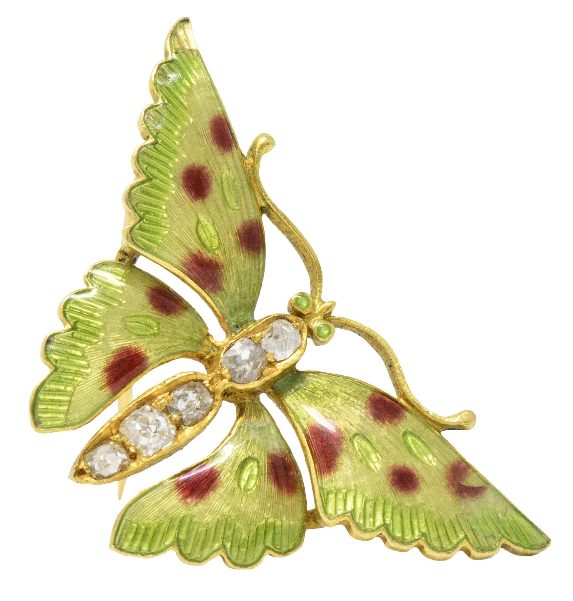Victorian 0.60 CTW Diamond Enamel 14 Karat Gold Butterfly Brooch Wilson's Estate Jewelry