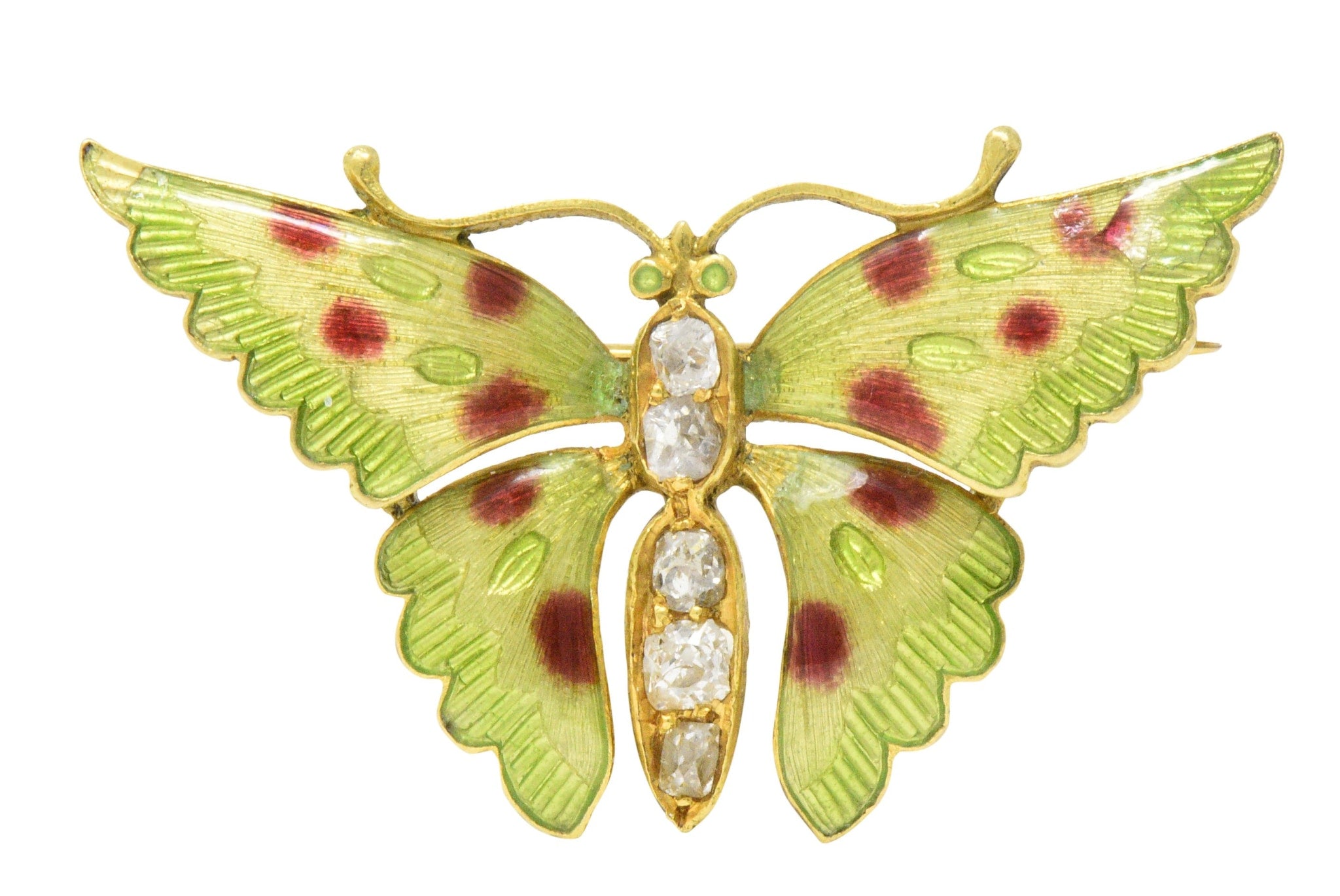 Victorian 0.60 CTW Diamond Enamel 14 Karat Gold Butterfly Brooch Wilson's Estate Jewelry